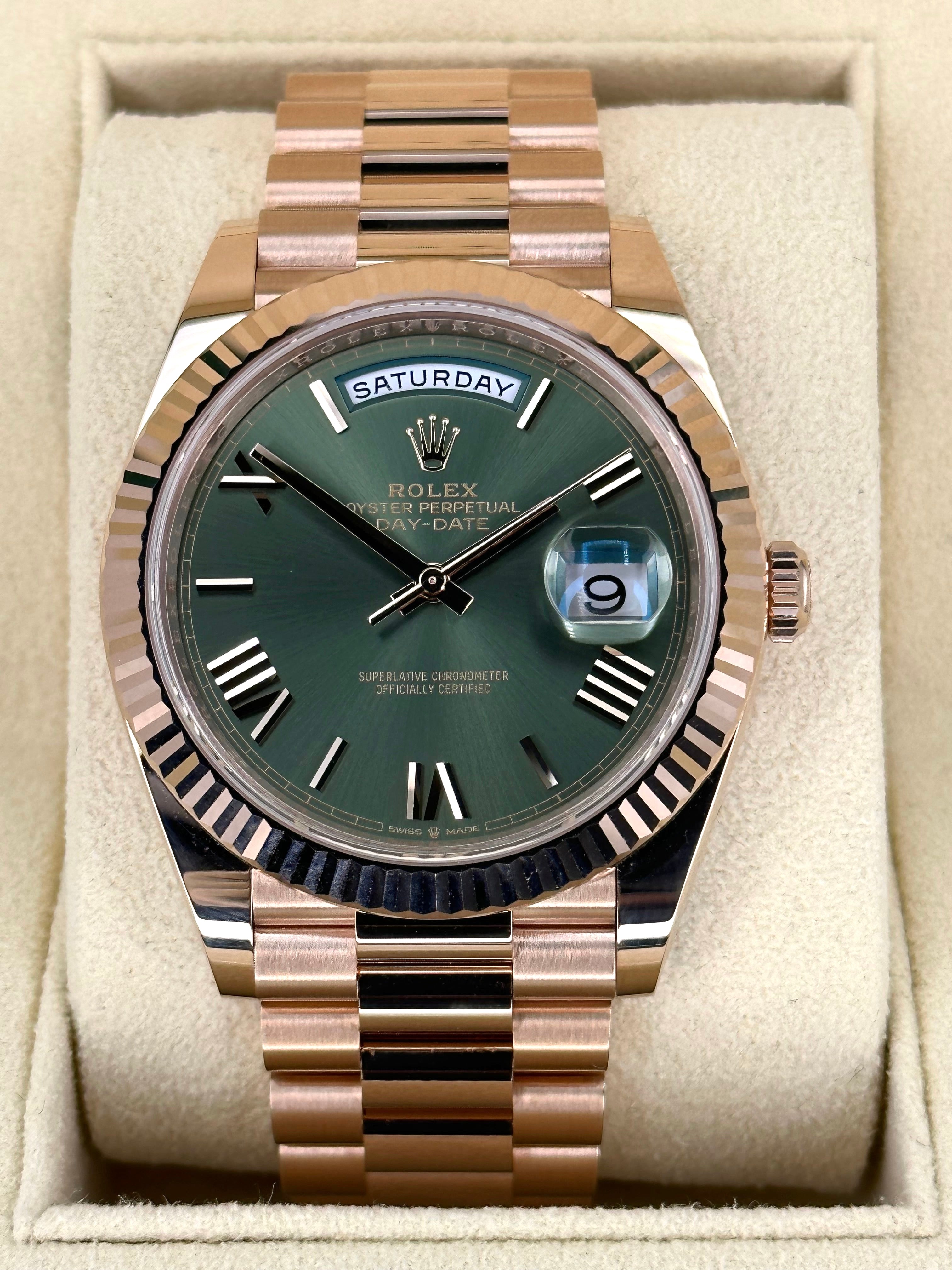 NEW 2024 Rolex Day Date 40mm 228235 Presidential Rose Gold Olive Dial MyWatchLLC