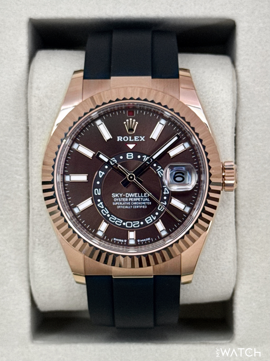 2025 Rolex Sky-Dweller 42mm 336235 Rose Gold Oysterflex Chocolate Dial - MyWatchLLC