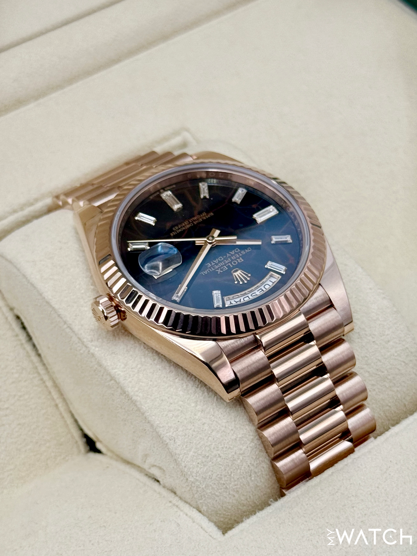 2022 Rolex Day-Date 40mm 228235 Rose Gold Eisenkiesal Baguette Dial