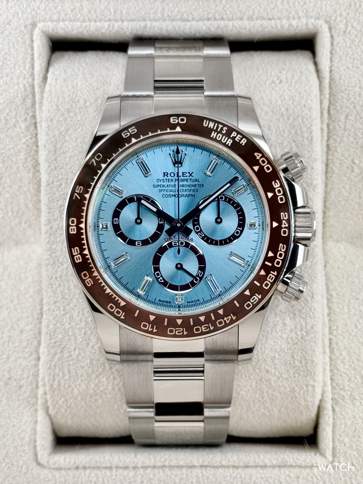 2025 Rolex Daytona 40mm 126506 Platinum Ice Blue Diamond Baguette Dial - MyWatchLLC