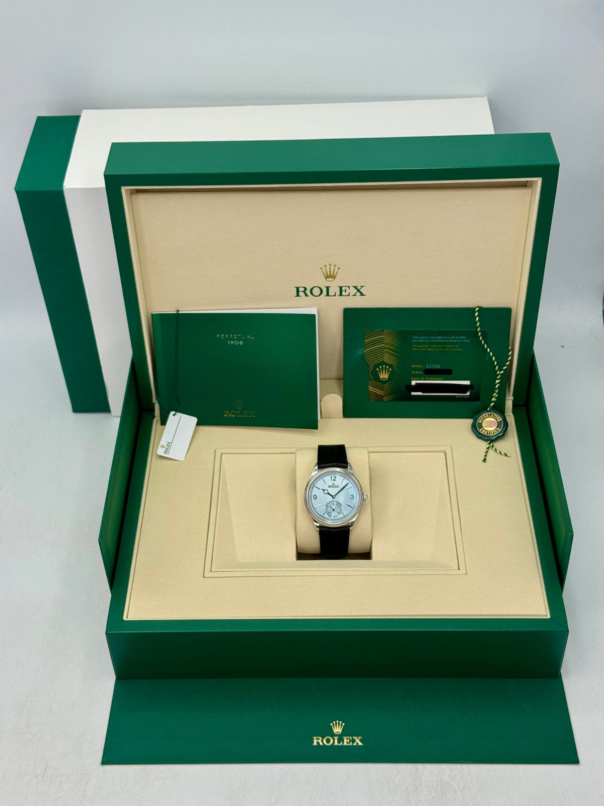 NEW 2026 Rolex 1908 39mm 52506 Platinum Ice Blue Dial Black Strap - MyWatchLLC
