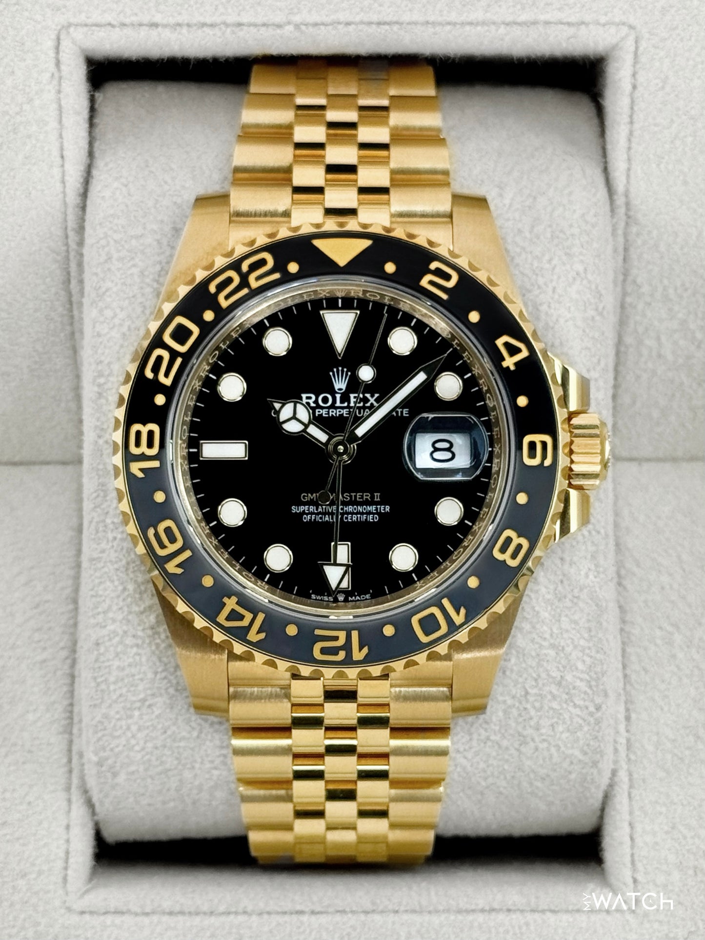 2023 Rolex GMT-Master II 40mm 126718GRNR Yellow Gold Jubilee Black Dial - MyWatchLLC