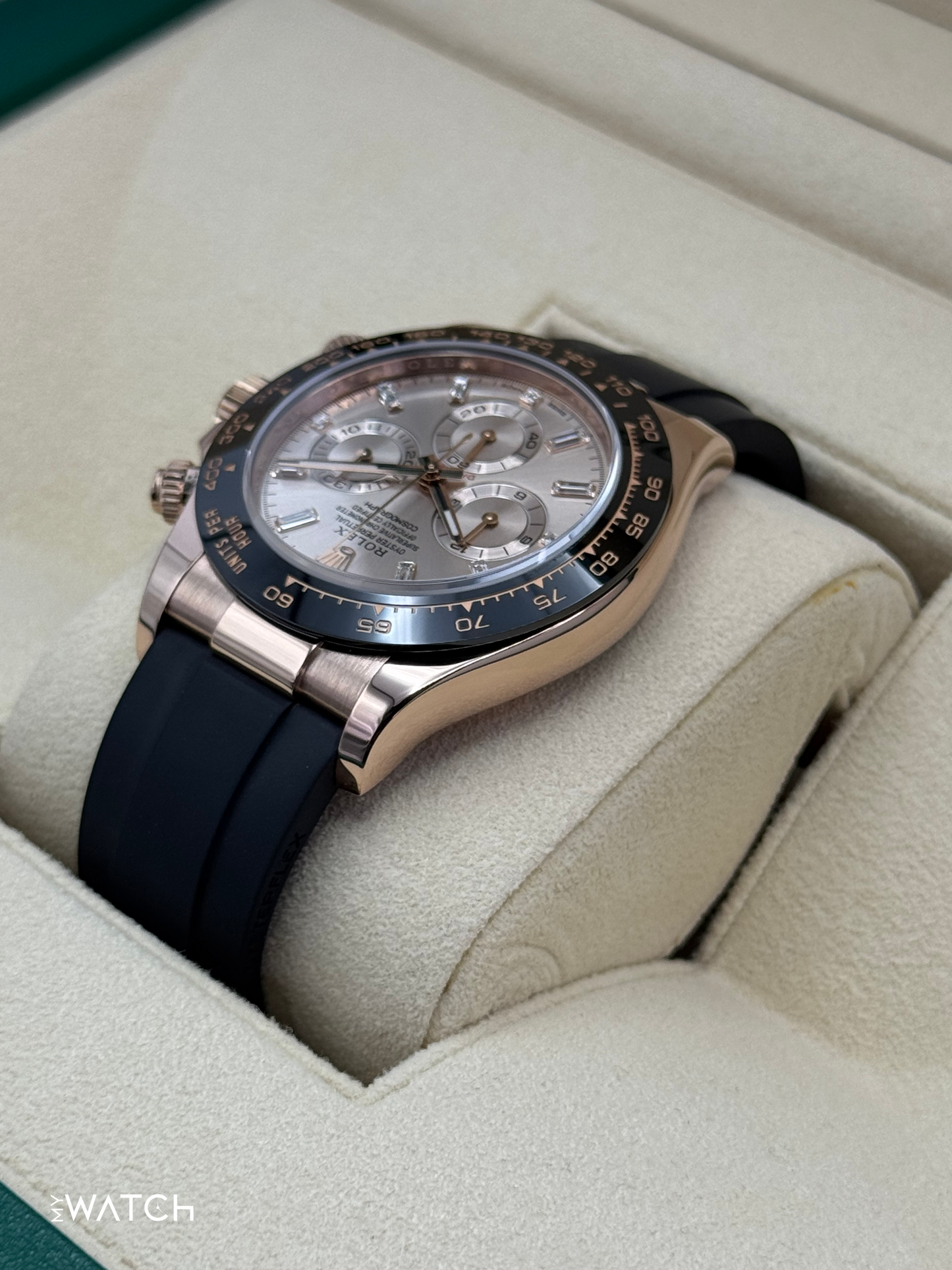 2022 Rolex Daytona 40mm 116515LN Rose Gold Oysterflex Sundust Baguette Dial