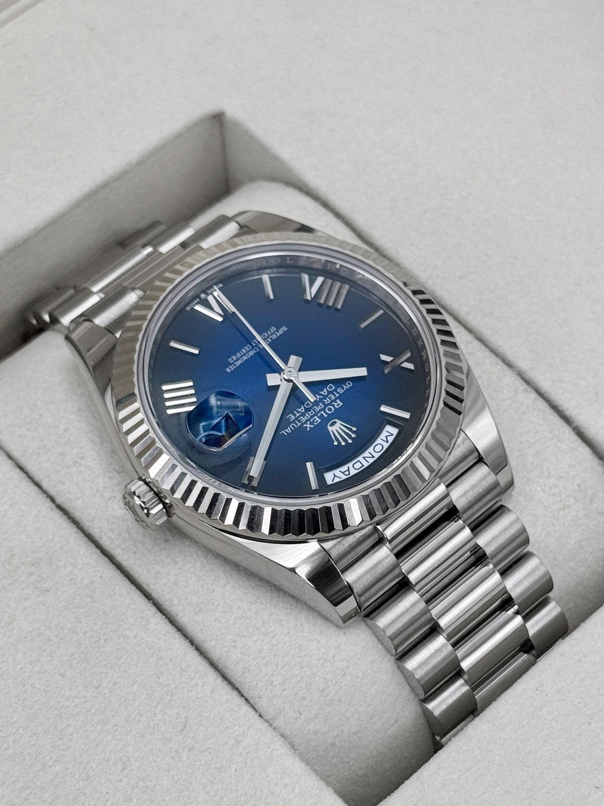 NEW 2026 Rolex Day-Date 40mm 228239 Presidential White Gold Blue Ombre Dial