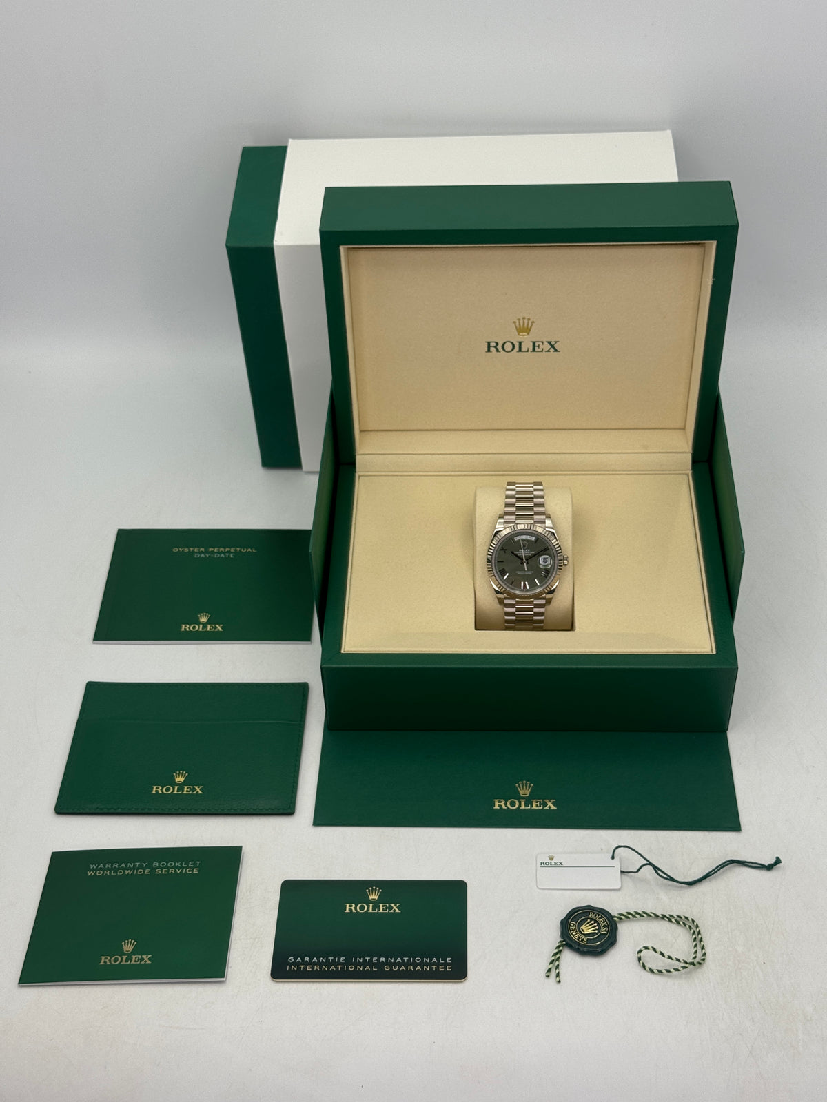 2025 Rolex Day-Date 40mm 228239 Presidential White Gold Olive Dial