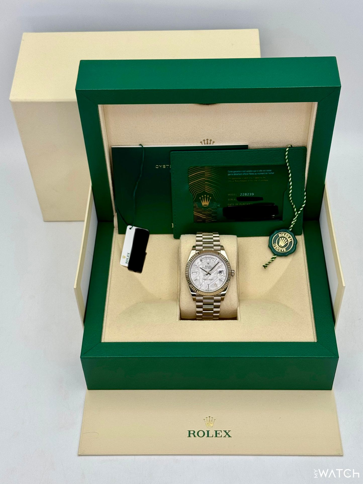 2025 Rolex Day-Date 40mm 228239 Presidential White Gold Meteorite Diamond Dial