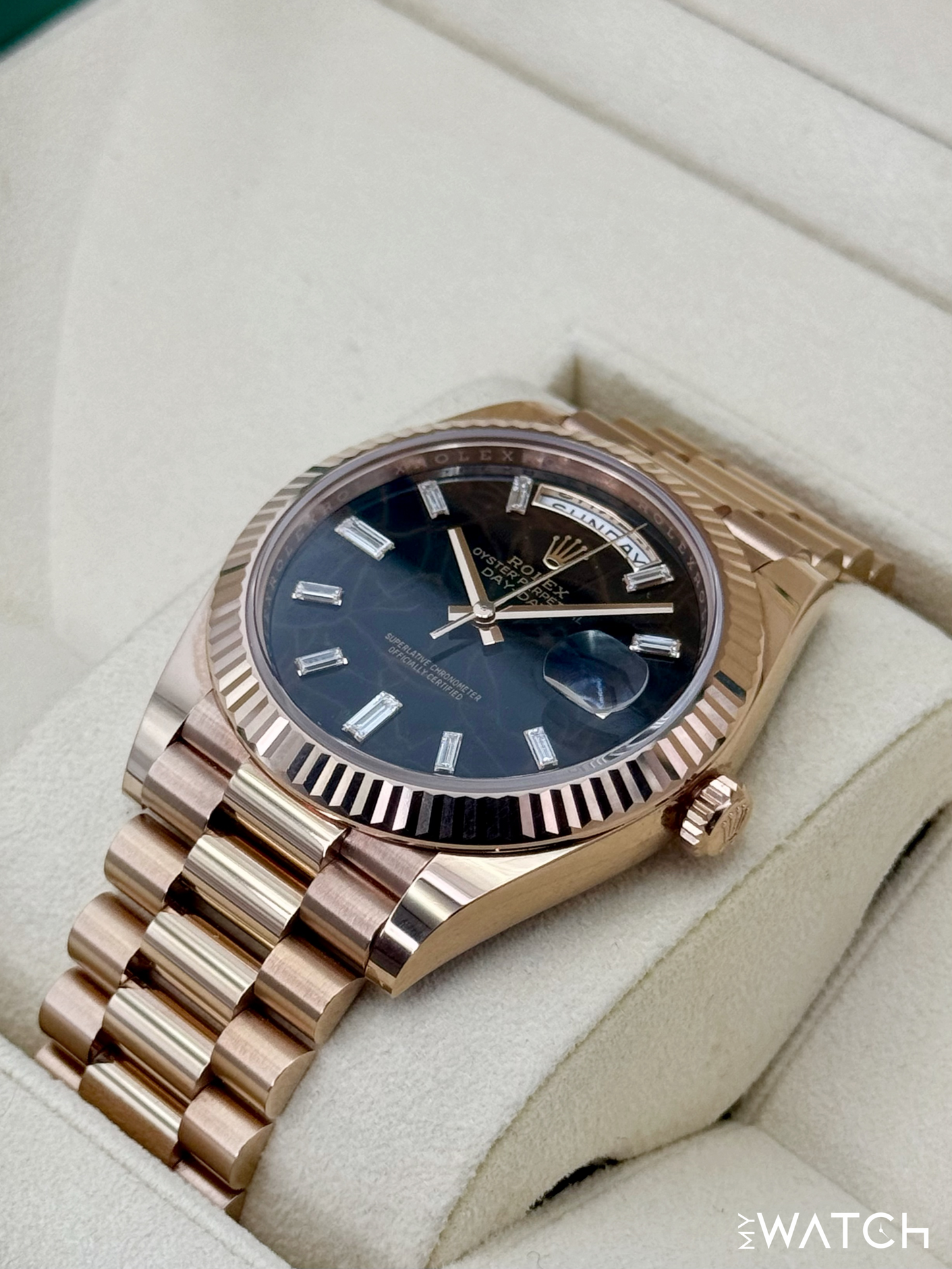 2023 Rolex Day-Date 40mm 228235 Rose Gold Eisenkiesal Baguette Dial