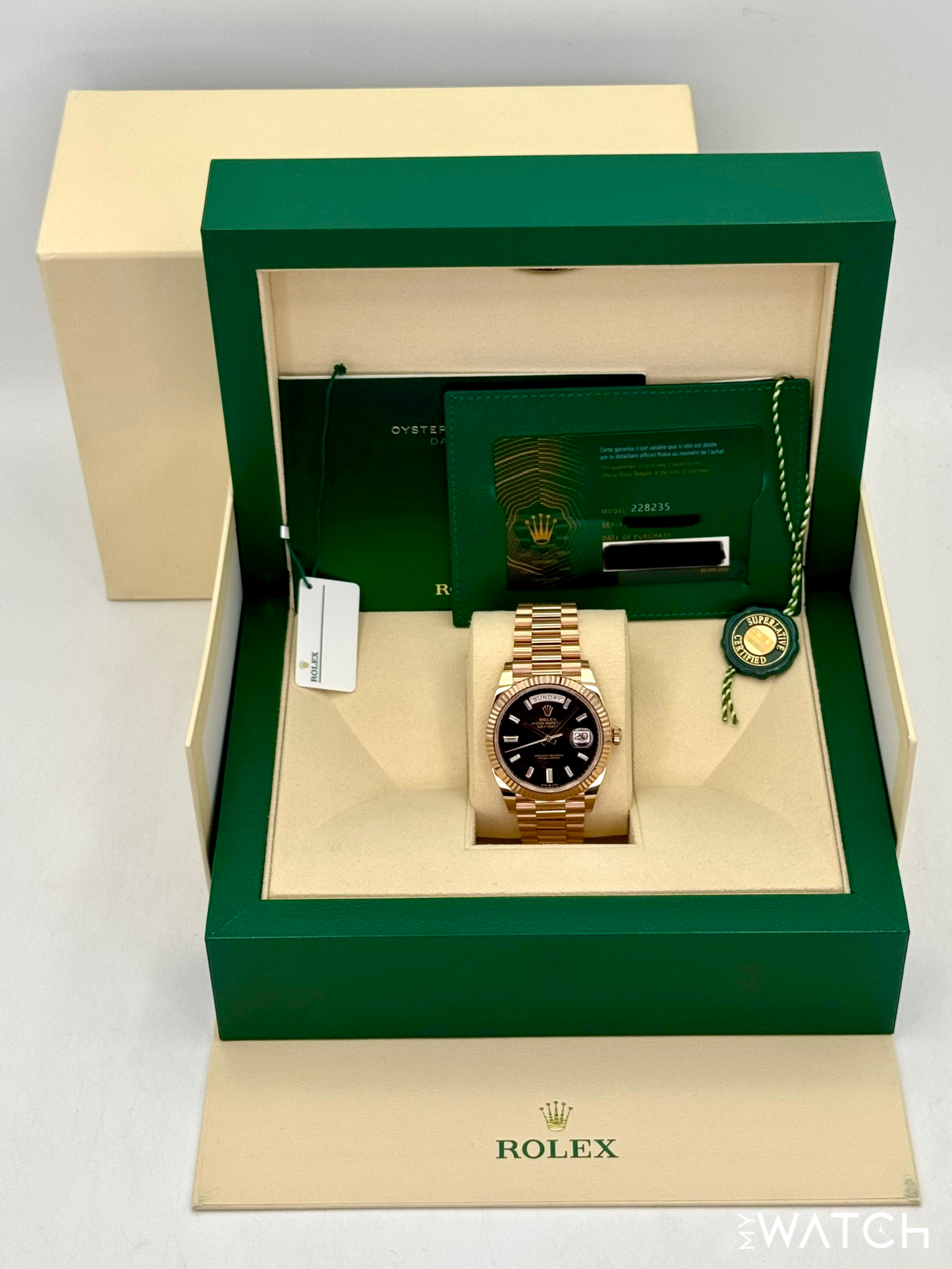 2023 Rolex Day-Date 40mm 228235 Rose Gold Eisenkiesal Baguette Dial