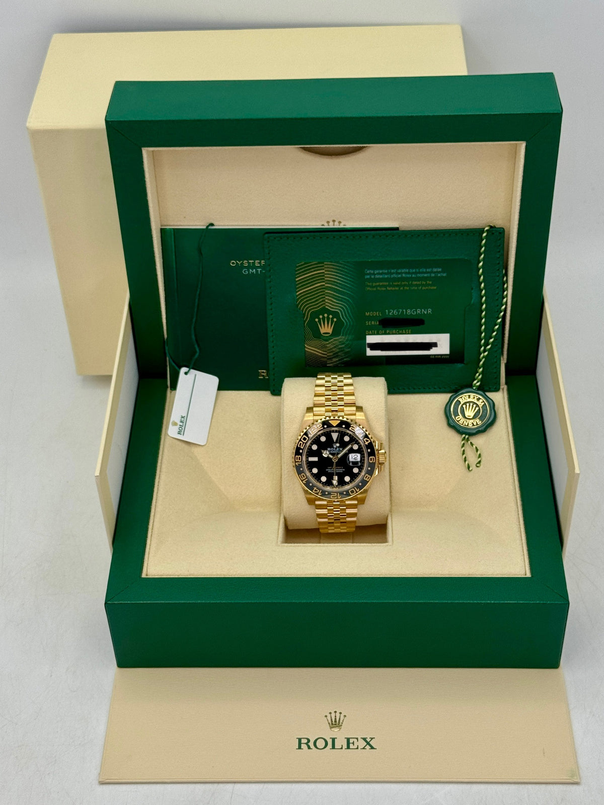 2023 Rolex GMT-Master II 40mm 126718GRNR Yellow Gold Jubilee Black Dial