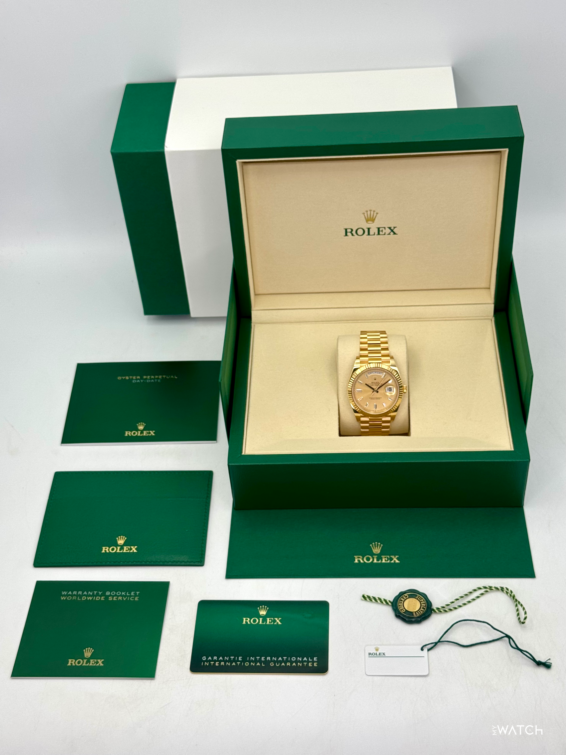NEW 2026 Rolex Day-Date 40mm 228238 Champagne Diamond Baguette Dial - MyWatchLLC