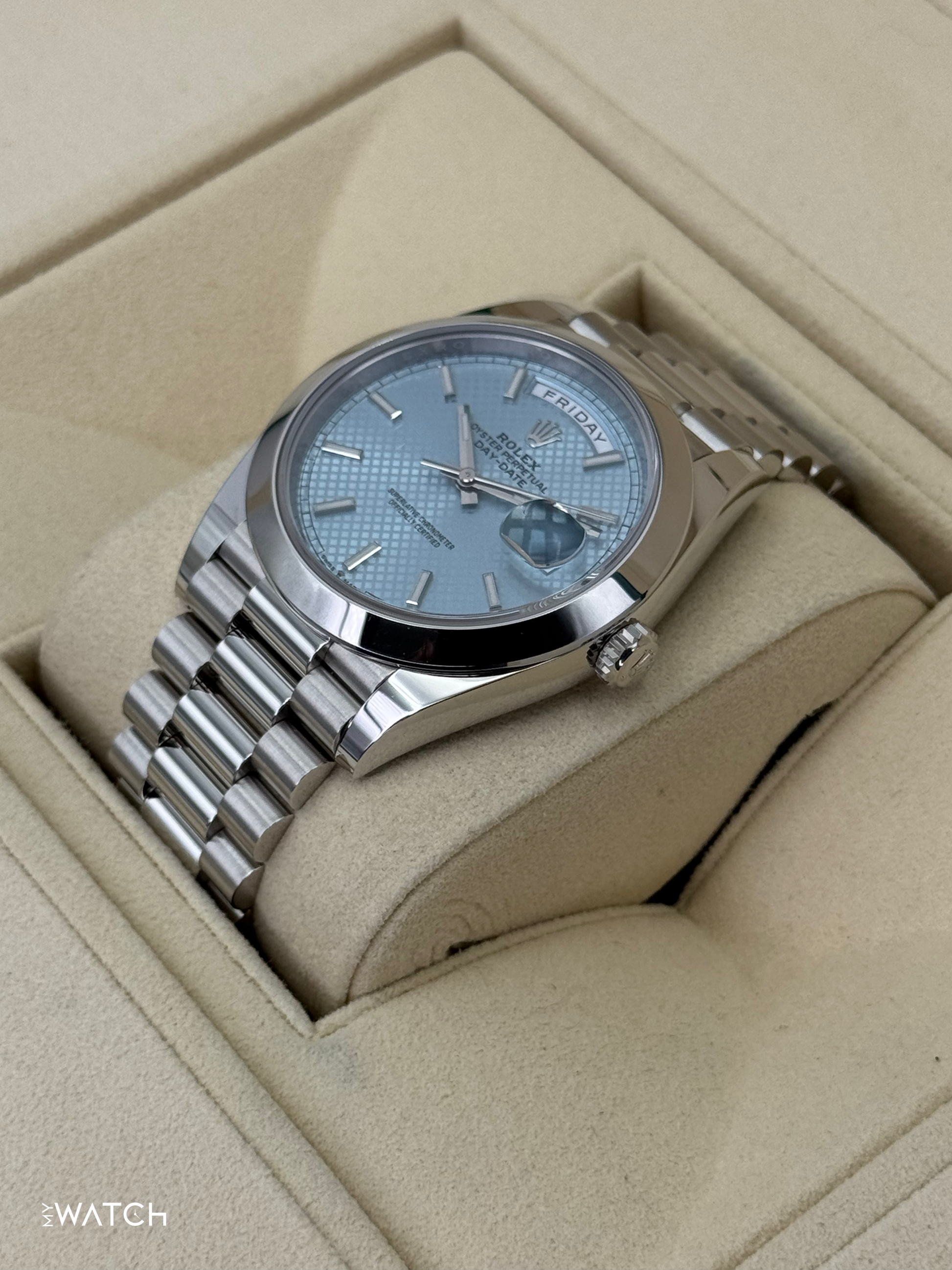 2024 Rolex Day-Date 40mm 228206 Platinum Blue Motif Dial - MyWatchLLC