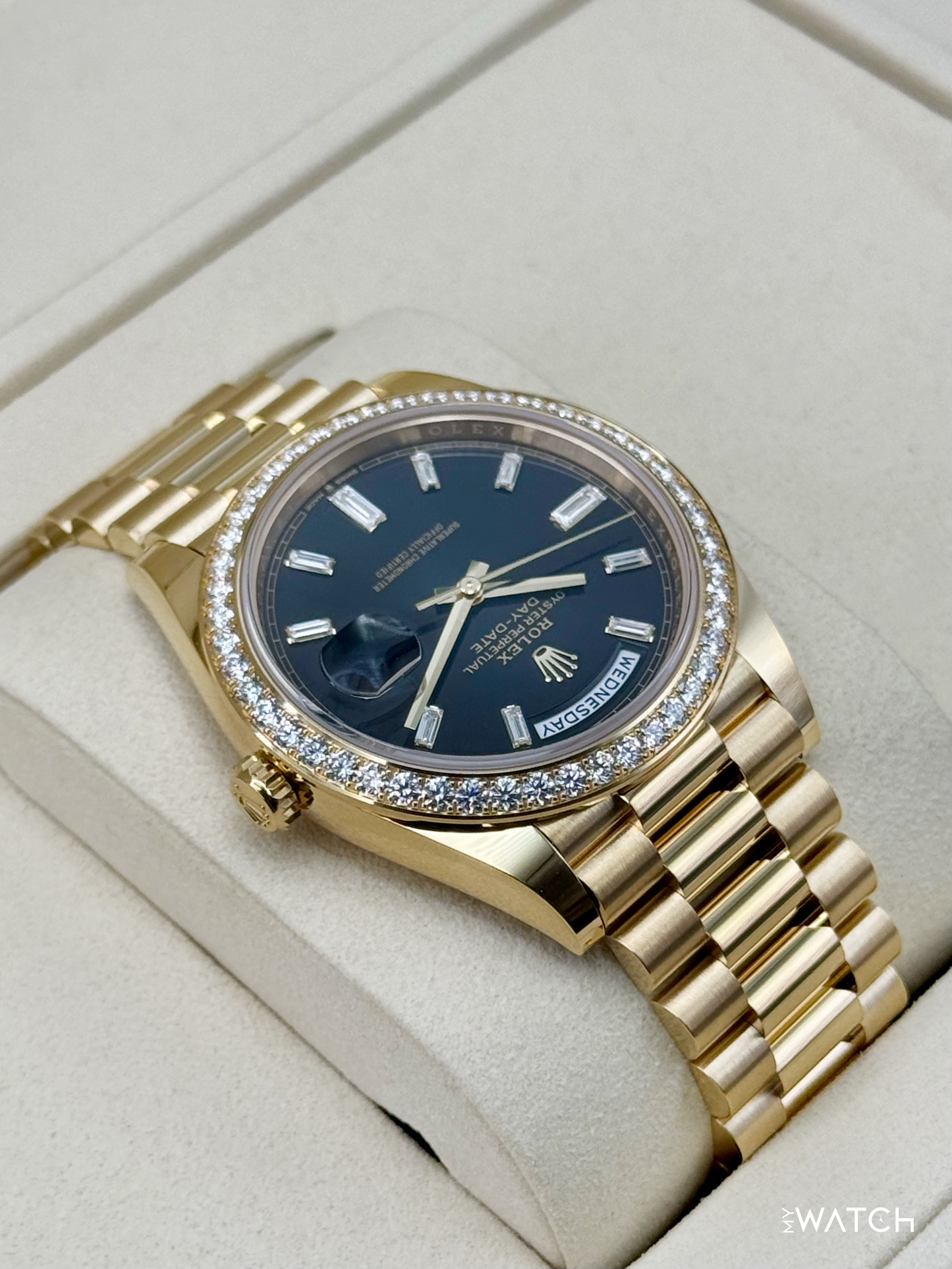 NEW 2026 Rolex Day-Date 40mm 228348RBR Black Diamond Baguette Dial - MyWatchLLC
