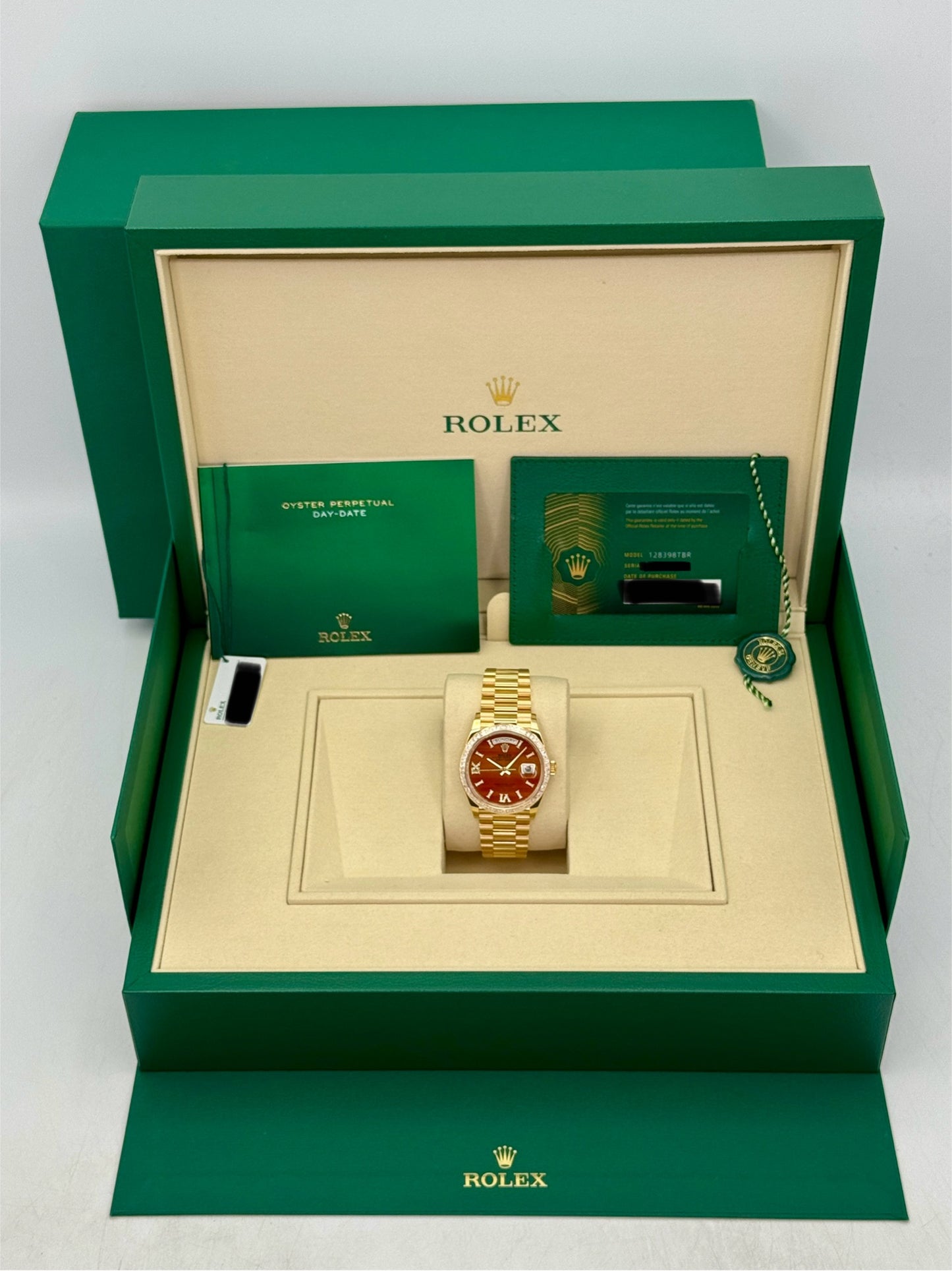 NEW 2026 Rolex Day-Date 36mm 128398TBR Presidential Yellow Gold Carnelian Diamond Dial