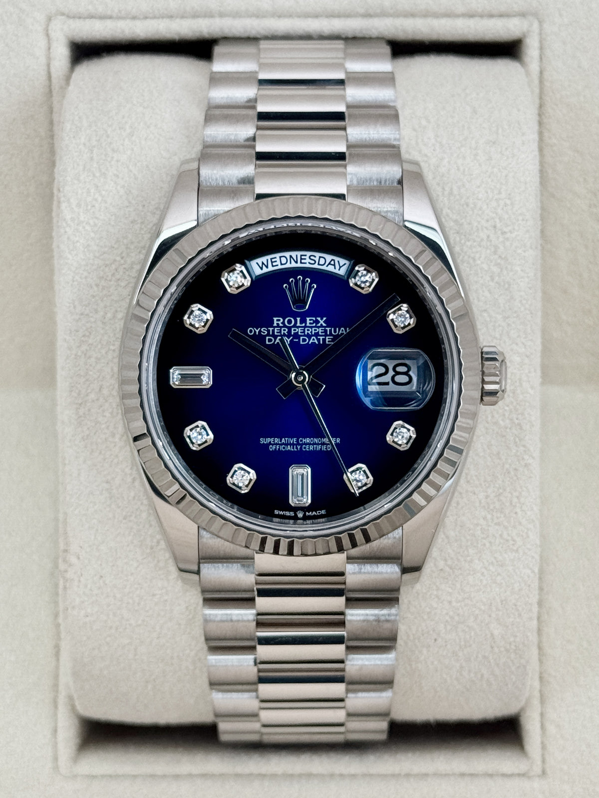 2024 Rolex Day-Date 36mm 128239 Presidential White Gold Blue Ombre Diamond Dial