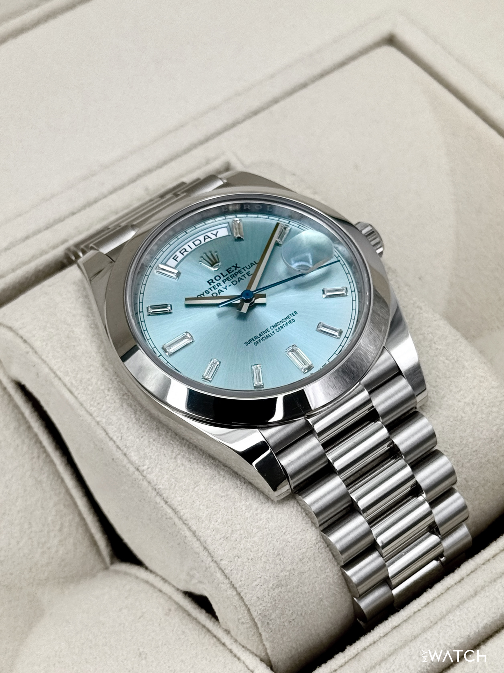 2021 Rolex Day-Date 40mm 228206 Platinum Ice Blue Diamond Dial - MyWatchLLC