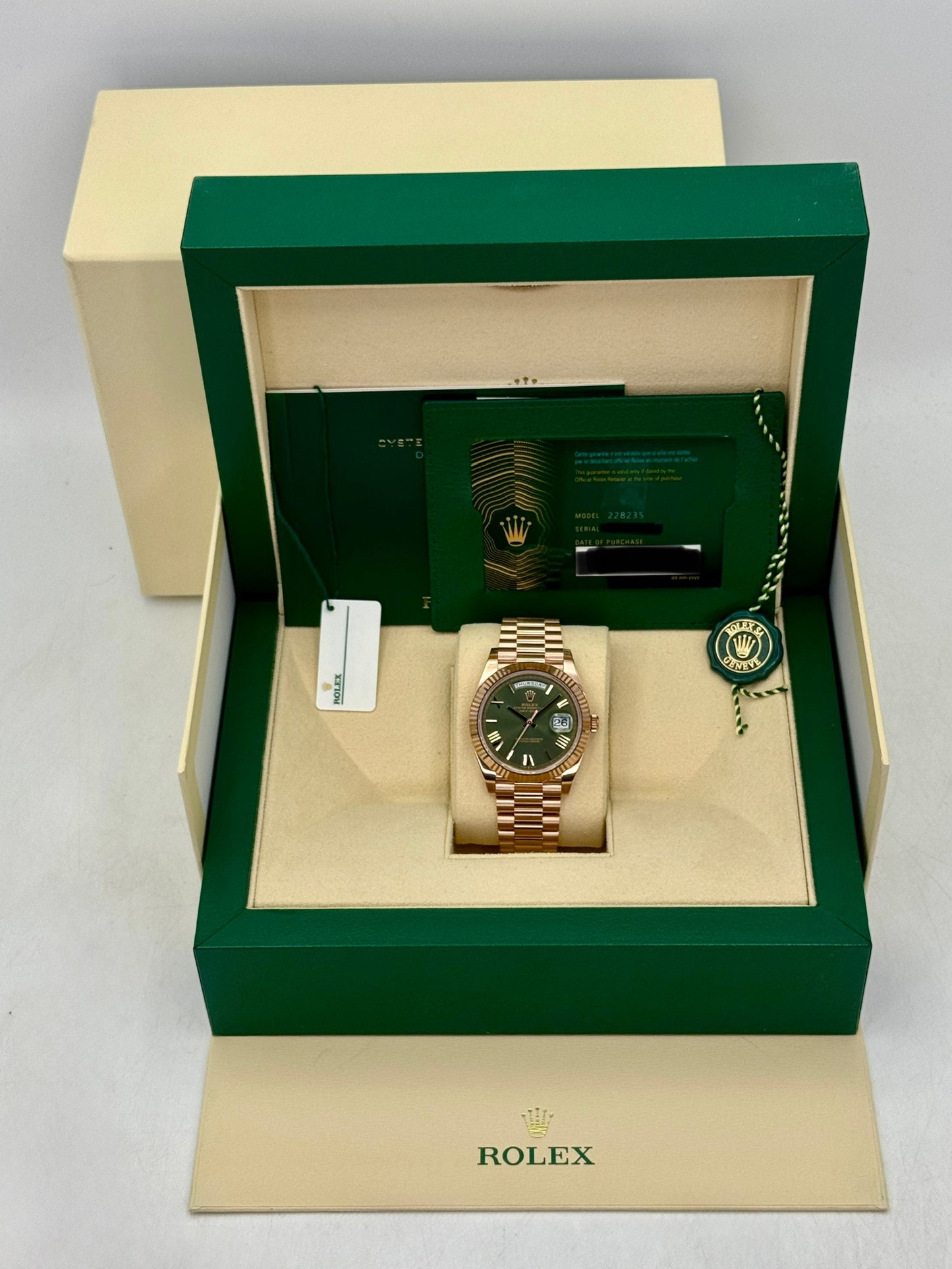 NEW 2025 Rolex Day-Date 40mm 228235 Presidential Rose Gold Olive Green Dial