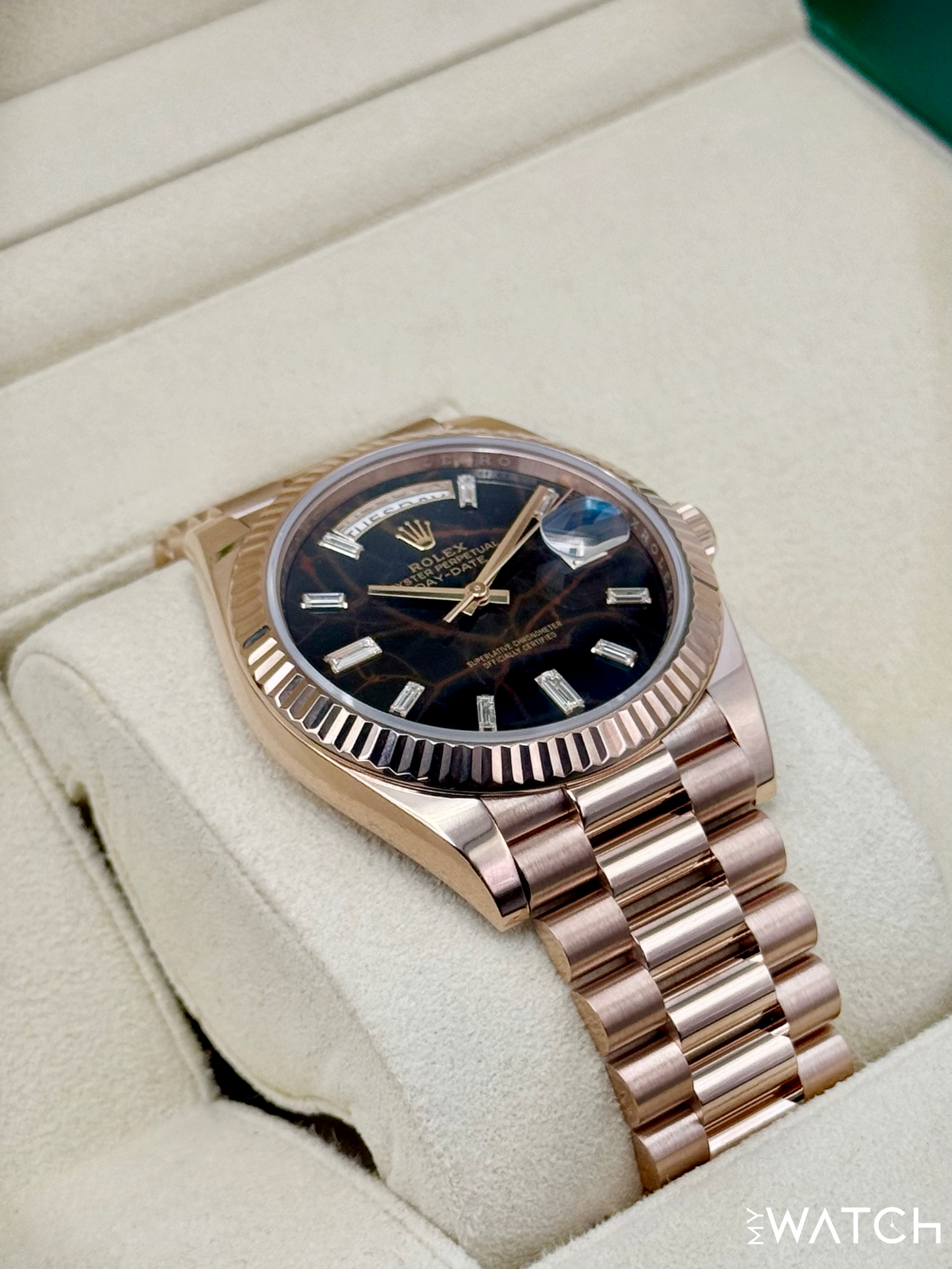 2022 Rolex Day-Date 40mm 228235 Rose Gold Eisenkiesal Baguette Dial