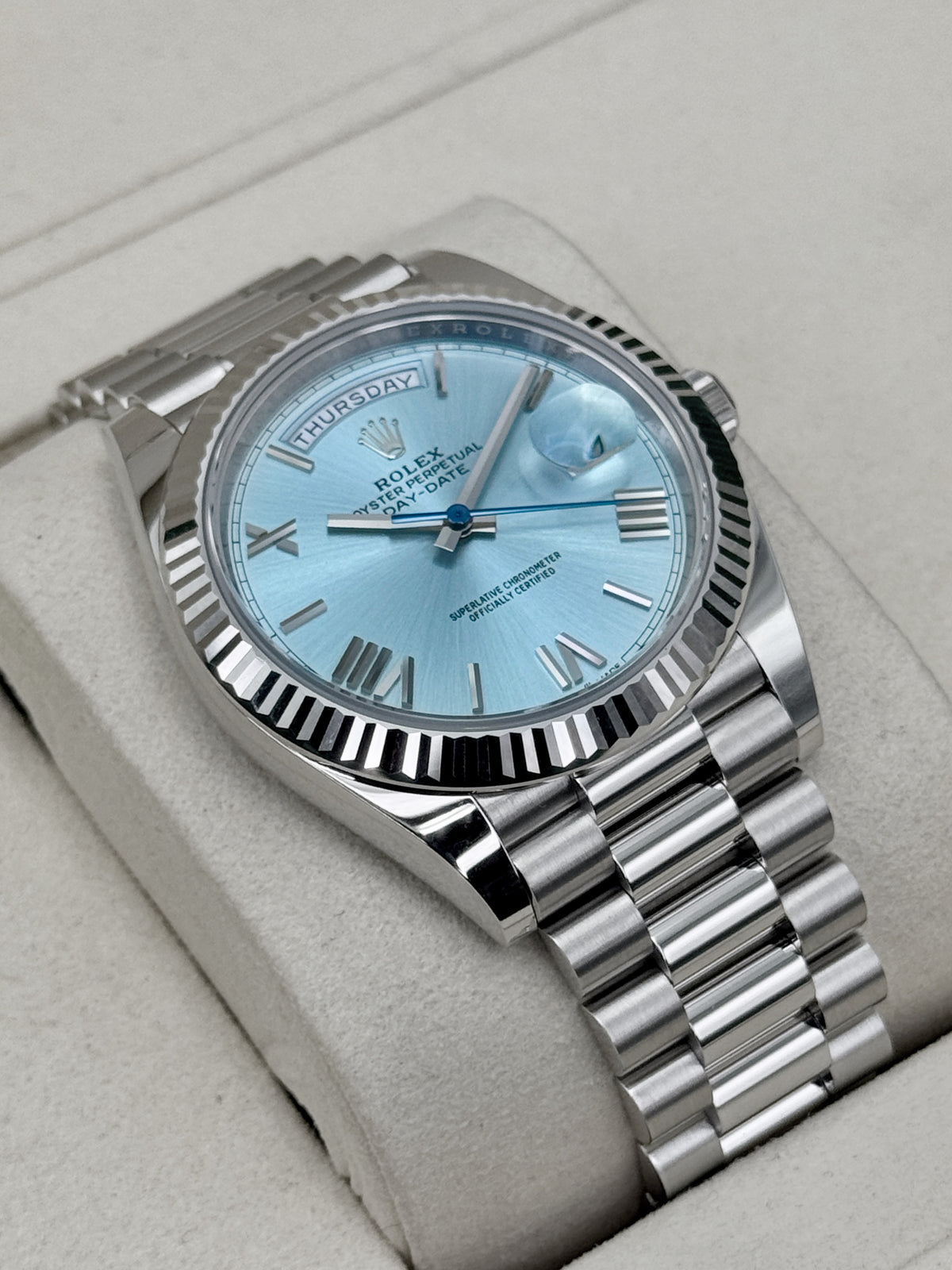 NEW 2026 Rolex Day-Date Platinum 40mm 228236 Ice Blue Roman Dial (NEW STYLE CARD)