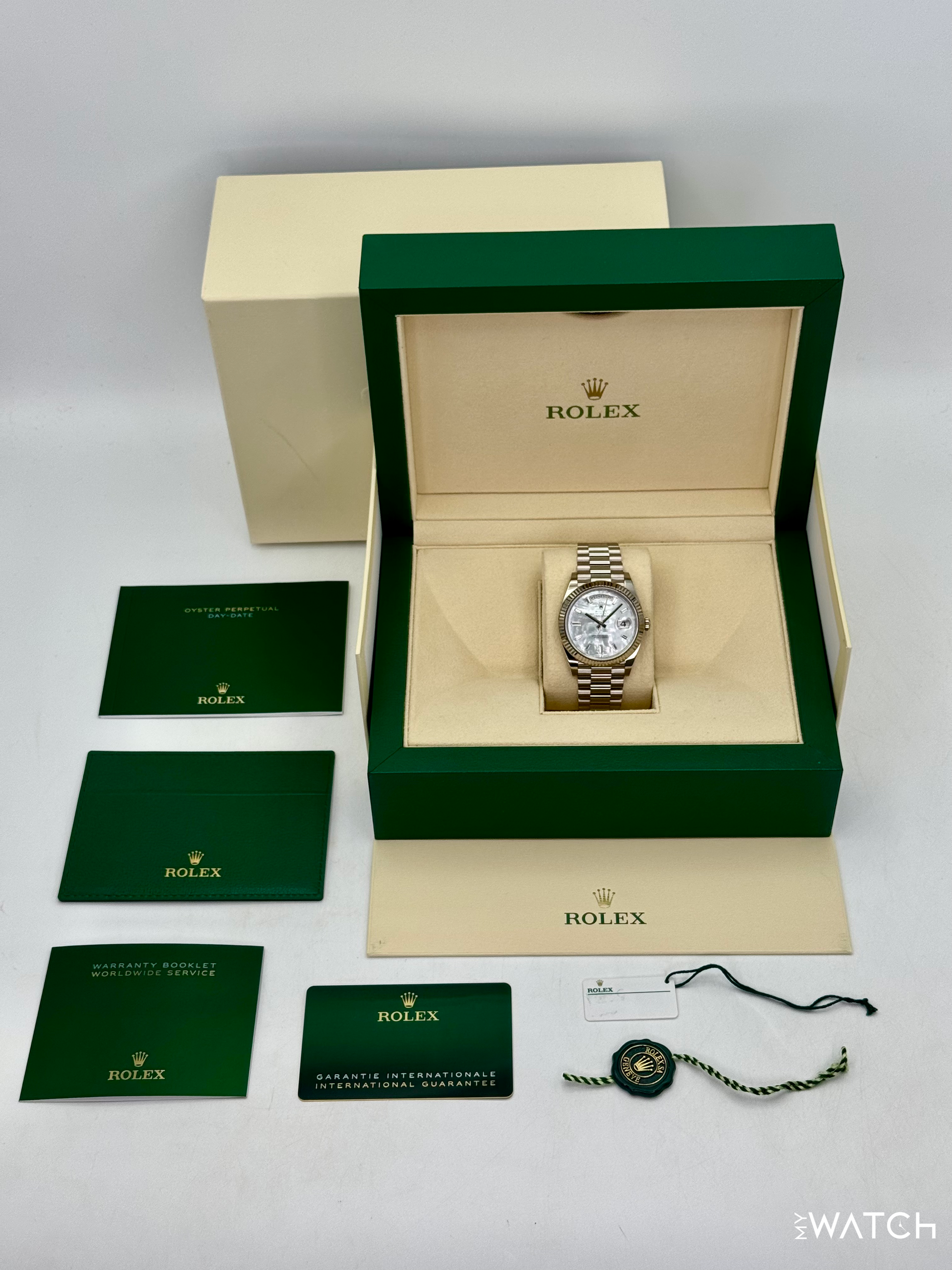 2024 Rolex Day-Date 40mm 228239 Presidential White Gold MOP Diamond Dial - MyWatchLLC