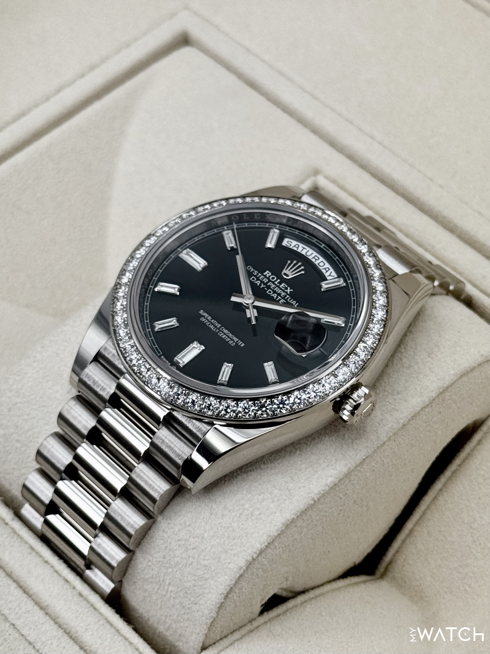 2023 Rolex Day-Date 40mm 228349RBR Presidential Black Diamond Baguette Dial - MyWatchLLC