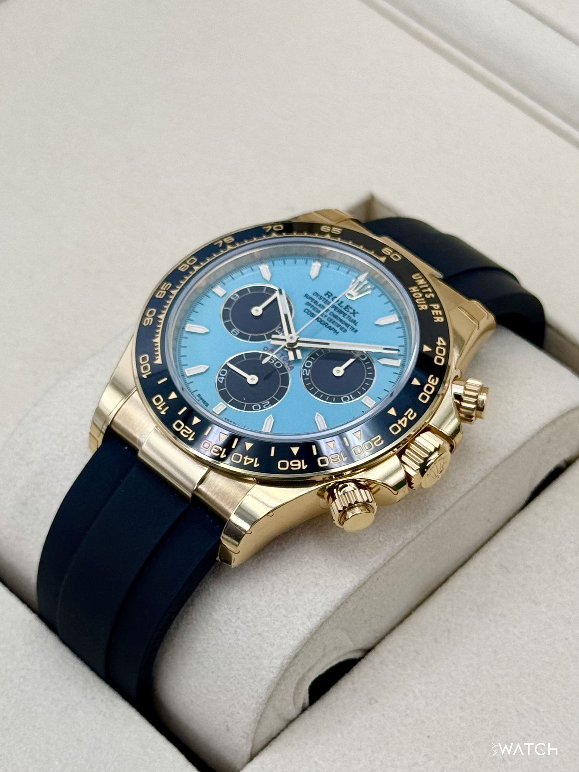 NEW 2026 Rolex Daytona 40mm 126518LN Yellow Gold Oysterflex Turquoise Dial (STICKERED) - MyWatchLLC