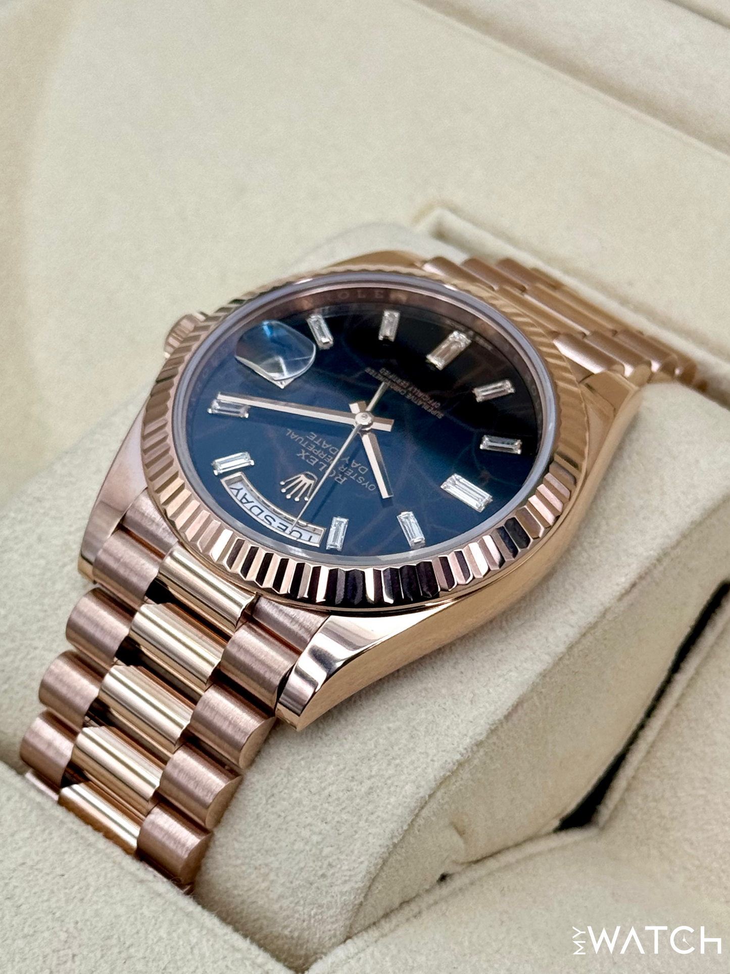 2022 Rolex Day-Date 40mm 228235 Rose Gold Eisenkiesal Baguette Dial