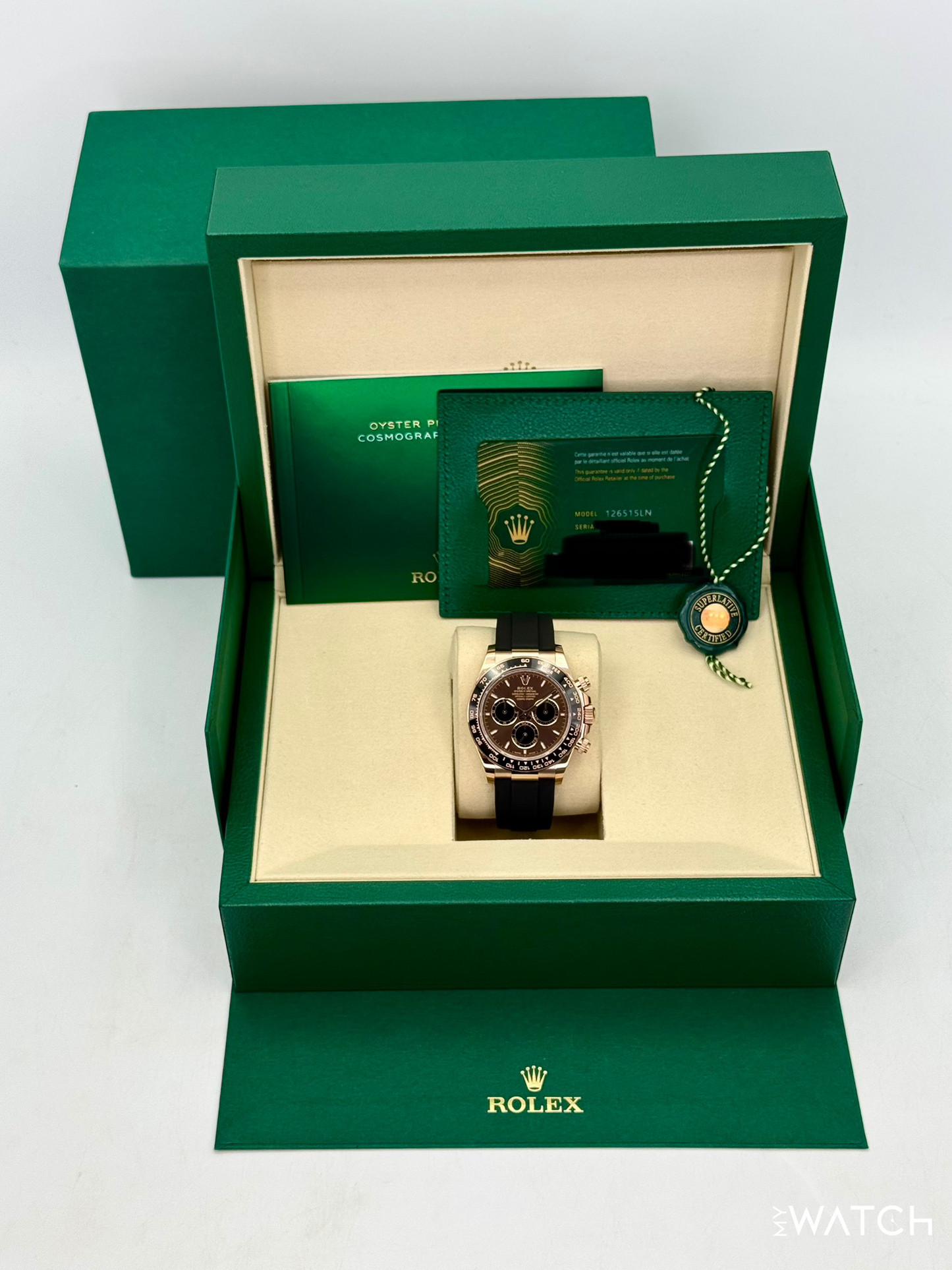 NEW 2025 Rolex Daytona 40mm 126515LN Rose Gold Oysterflex Chocolate Dial - MyWatchLLC