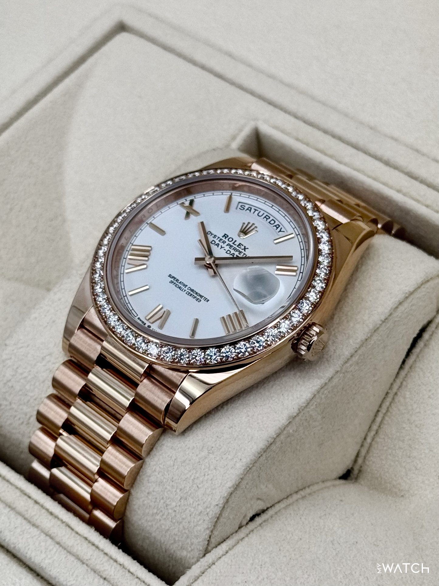 2022 Rolex Day-Date 40mm 228345RBR Rose Gold White Dial (CPO) - MyWatchLLC