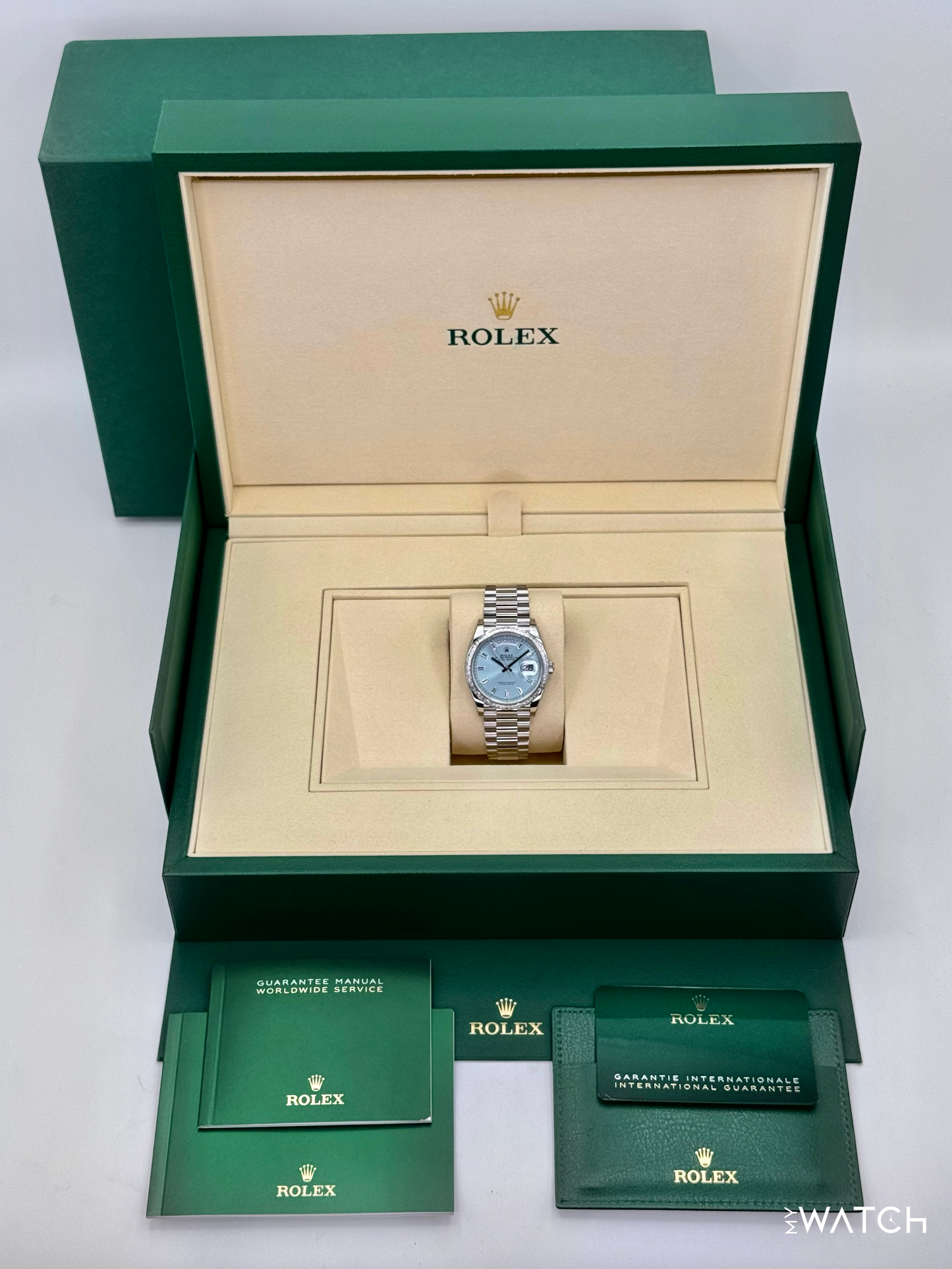 NEW 2025 Rolex Day-Date 36mm 128396TBR Ice Blue Diamond Baguette Dial