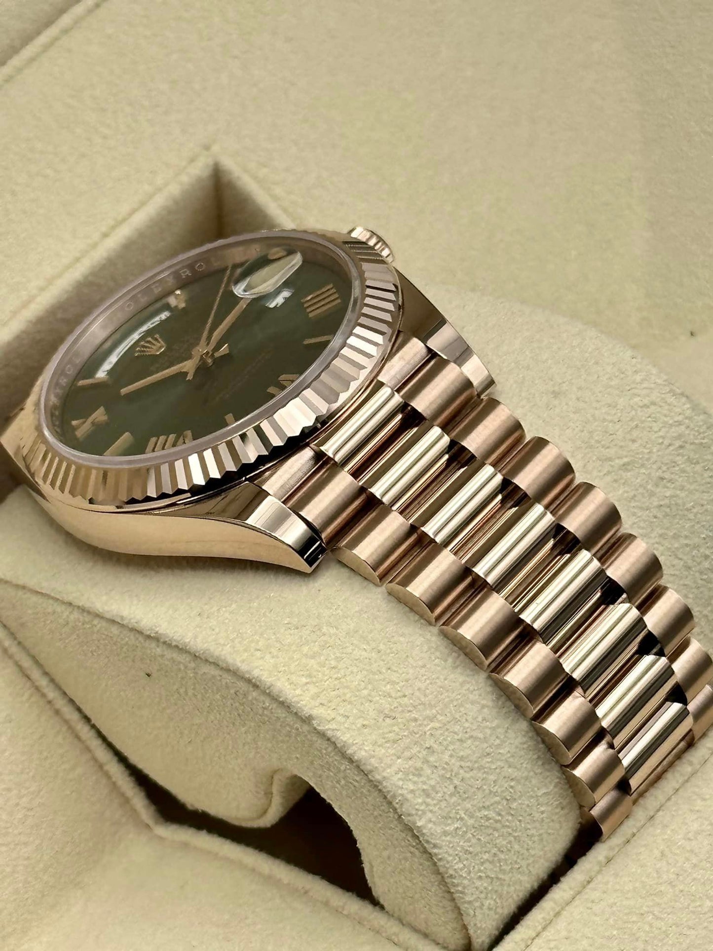 NEW 2022 Rolex Day-Date 40 228238 Rose Gold Olive Dial Arabic Calendar - MyWatchLLC