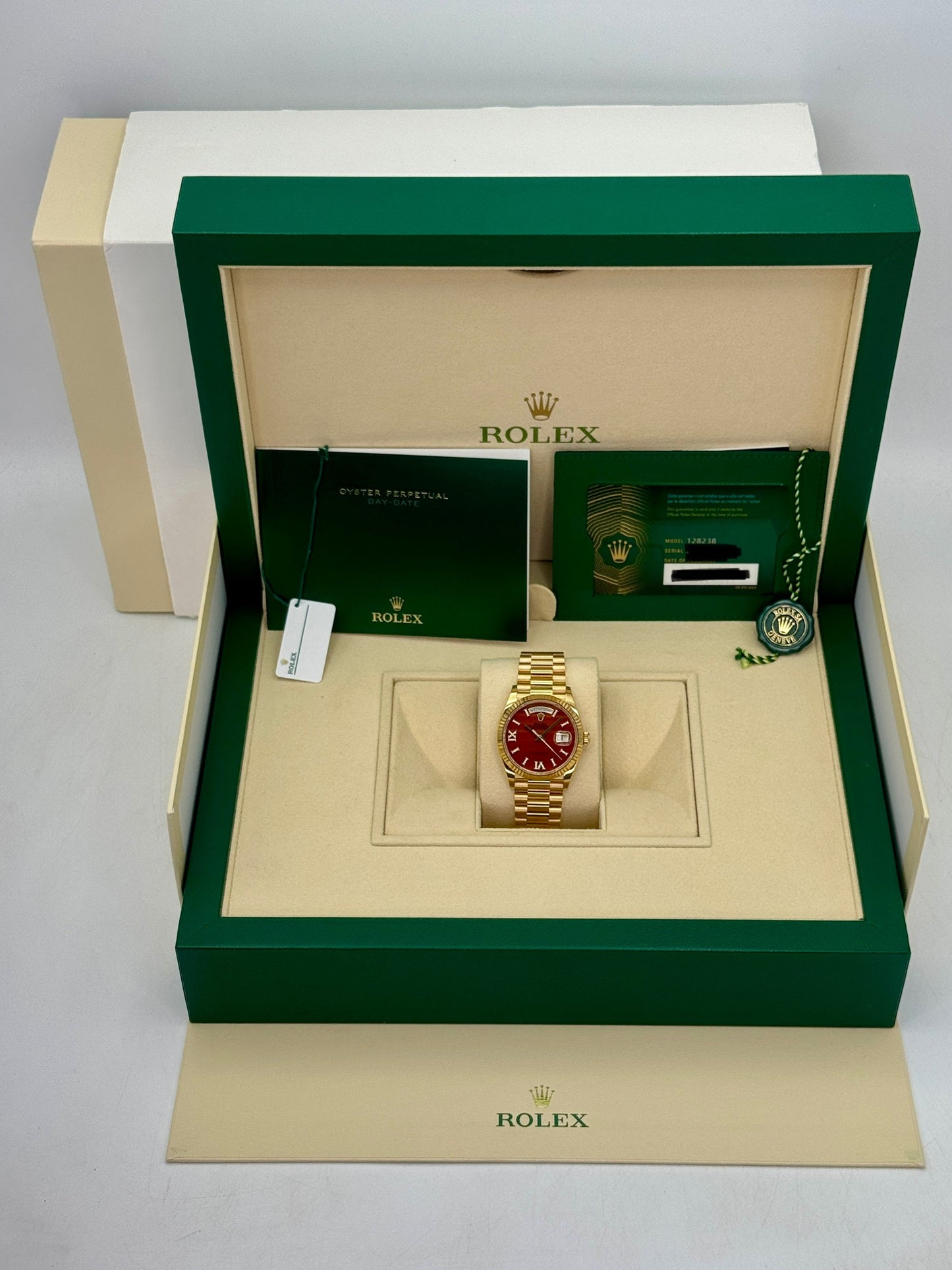 Rolex Day-Date 36mm 128238 Presidential Carnelian Diamond Dial