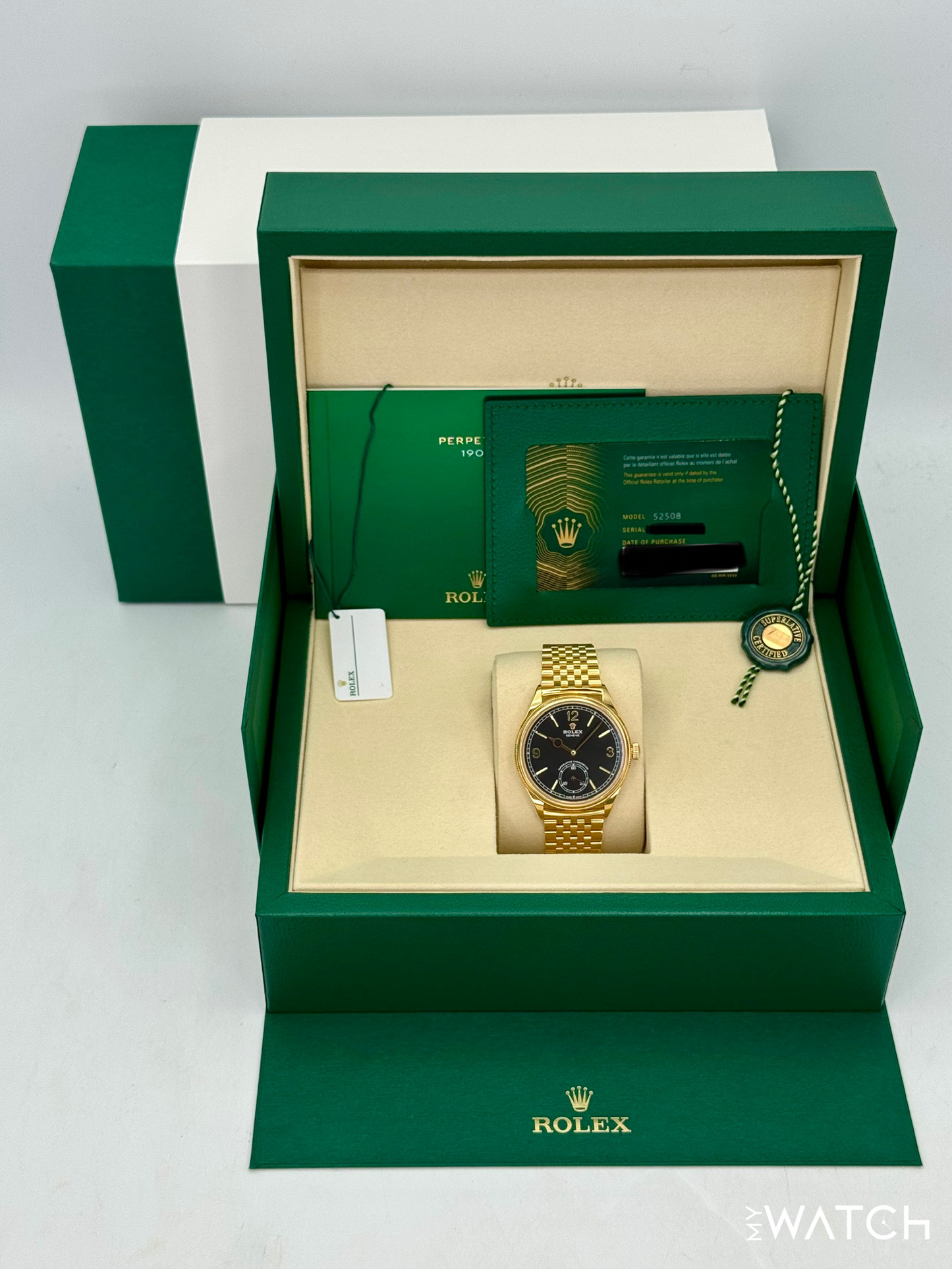 NEW 2025 Rolex 1908 39mm 52508 Yellow Gold Settimo Bracelet Black Dial