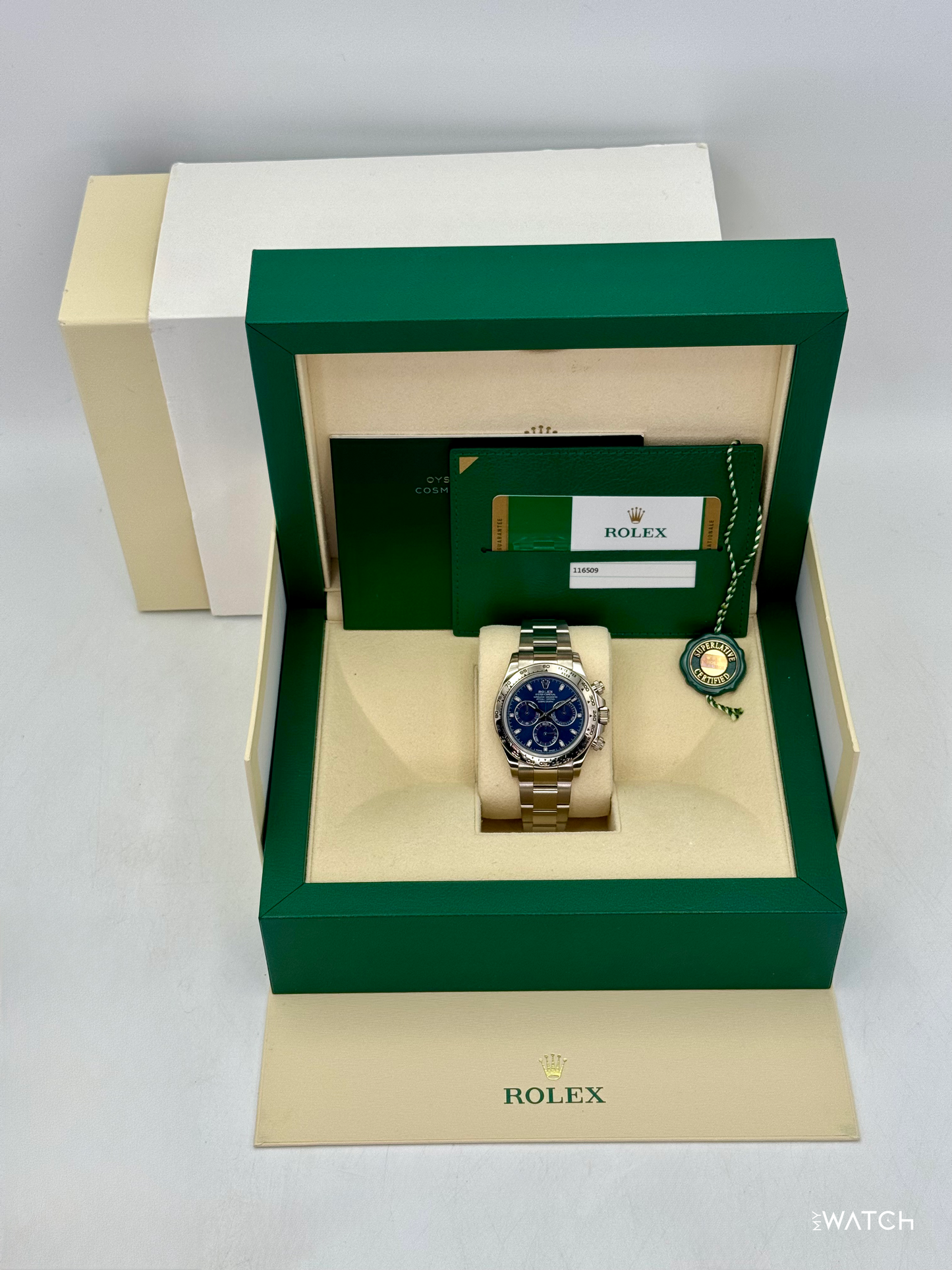 2019 Rolex Daytona 40mm 116509 White Gold Blue Dial - MyWatchLLC