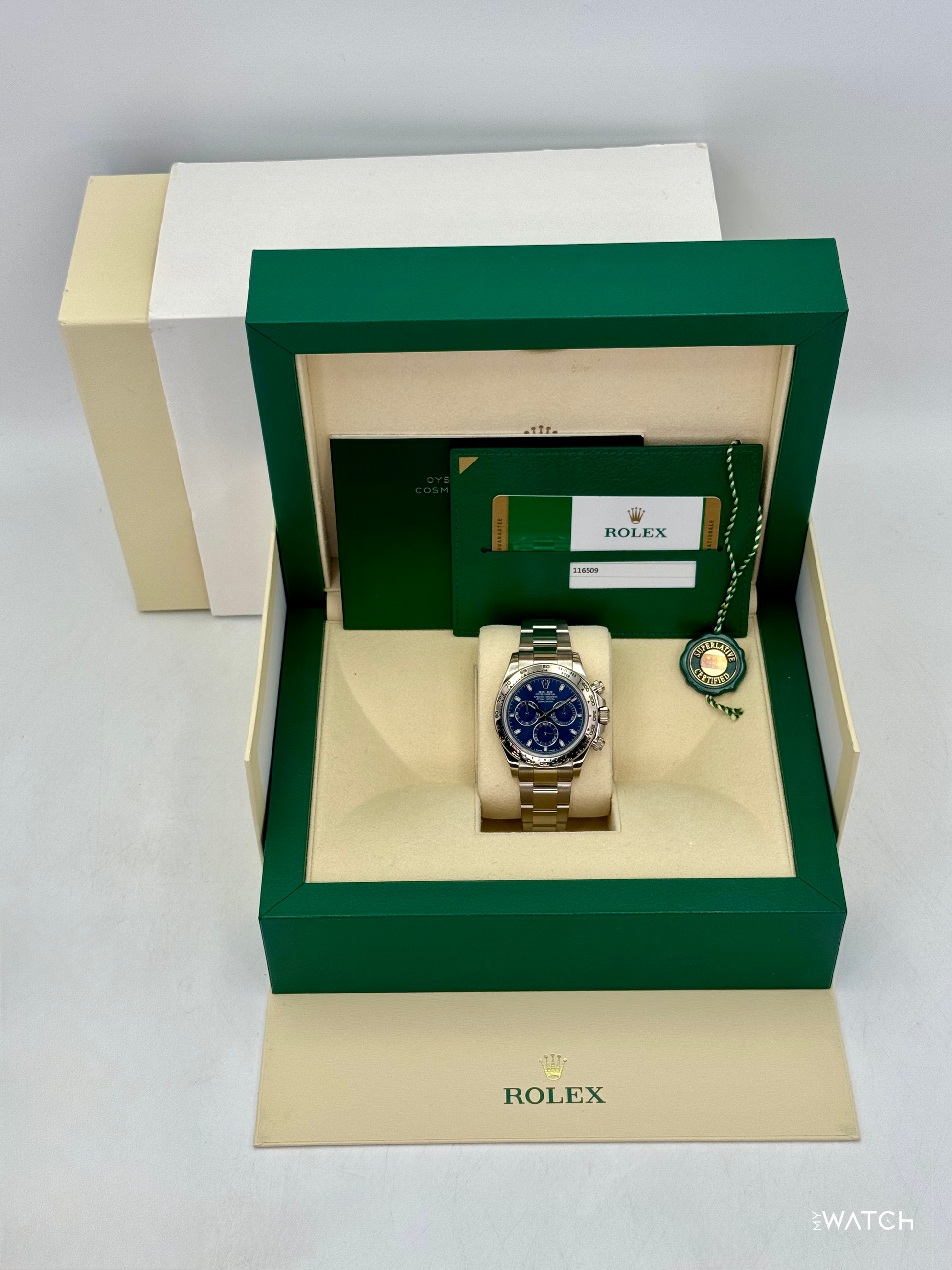 2019 Rolex Daytona 40mm 116509 White Gold Blue Dial - MyWatchLLC