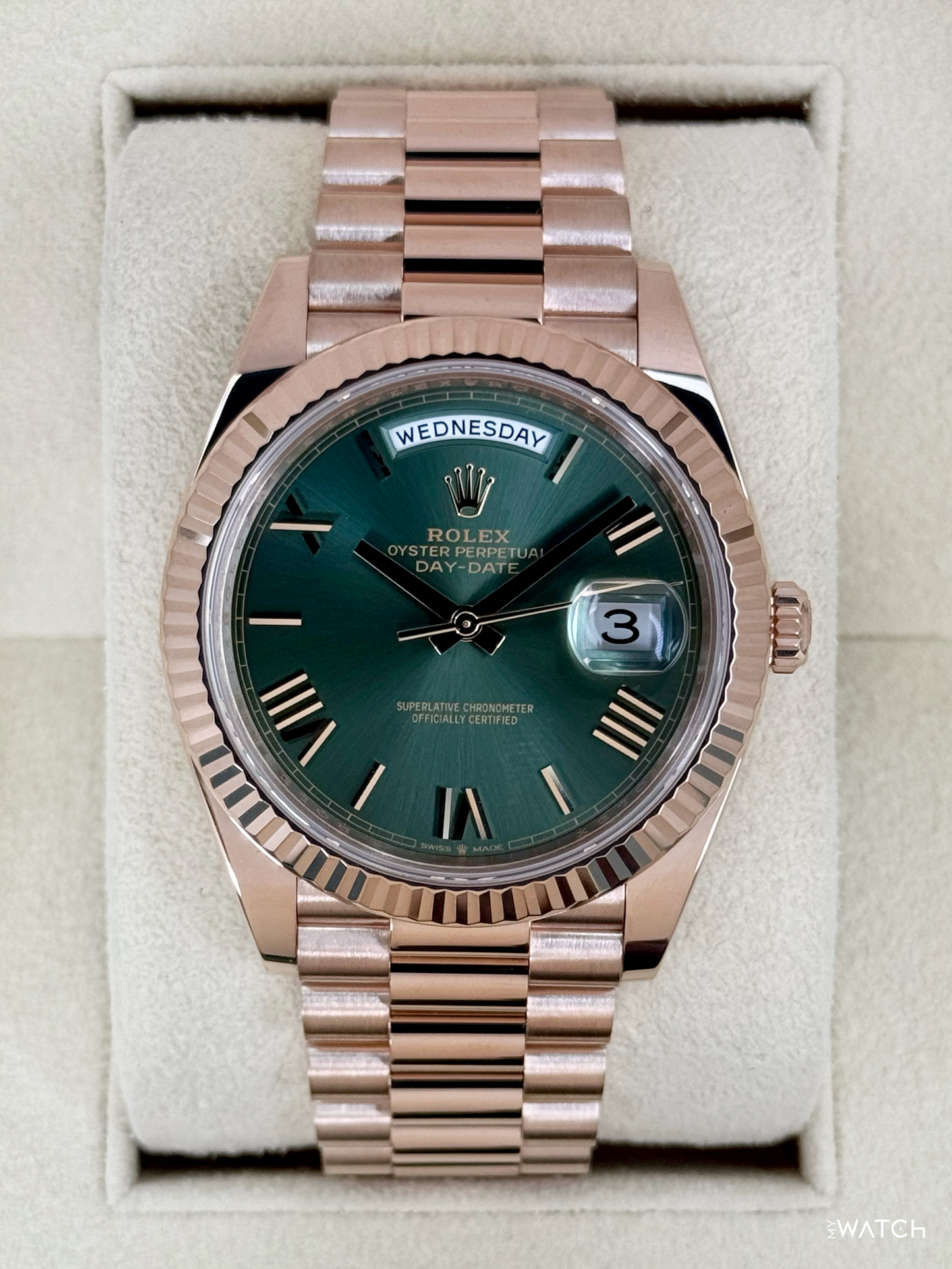 2025 Rolex Day-Date 40mm 228235 Presidential Rose Gold Olive Dial - MyWatchLLC