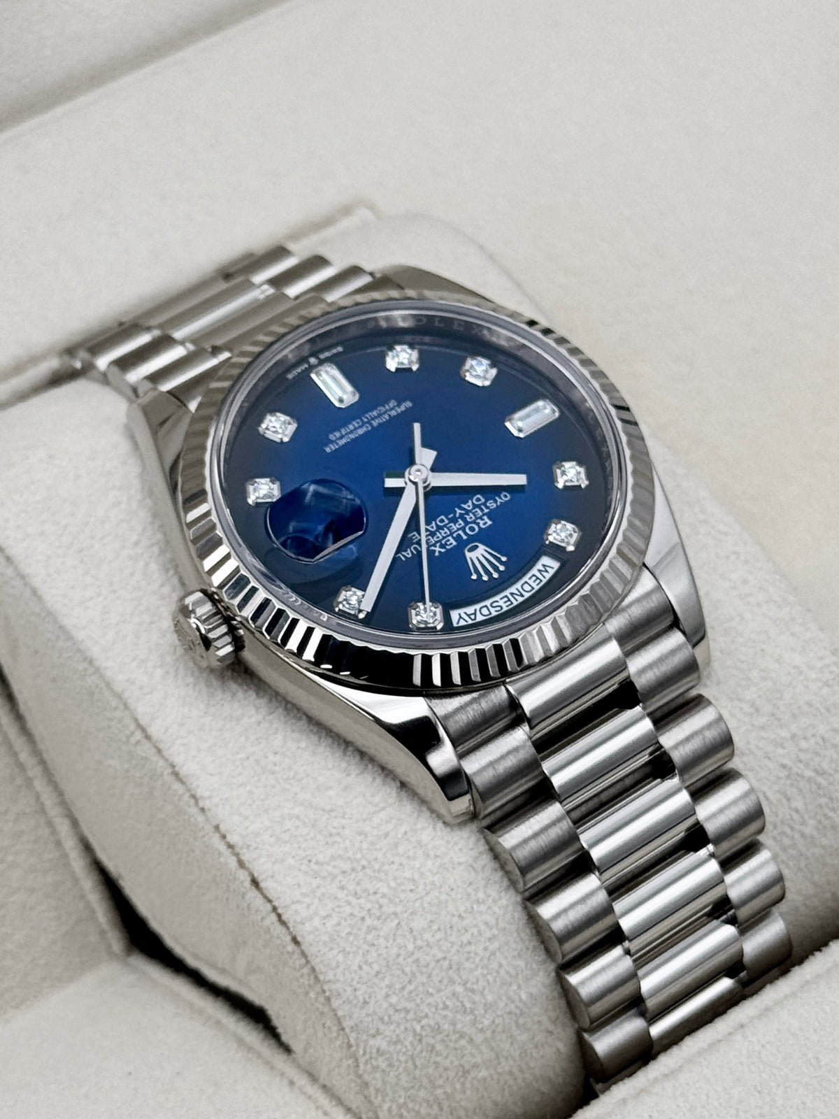 2024 Rolex Day-Date 36mm 128239 Presidential White Gold Blue Ombre Diamond Dial