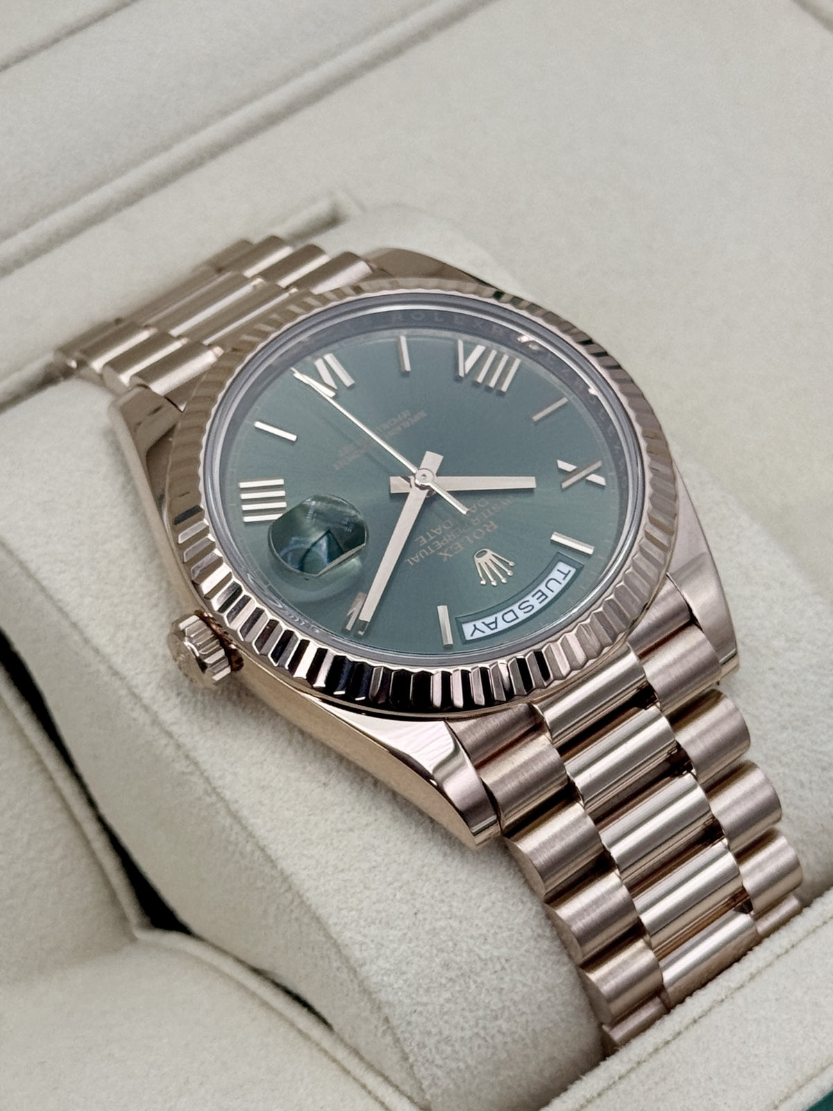 2021 Rolex Day-Date 40mm 228235 Presidential Rose Gold Olive Green Dial