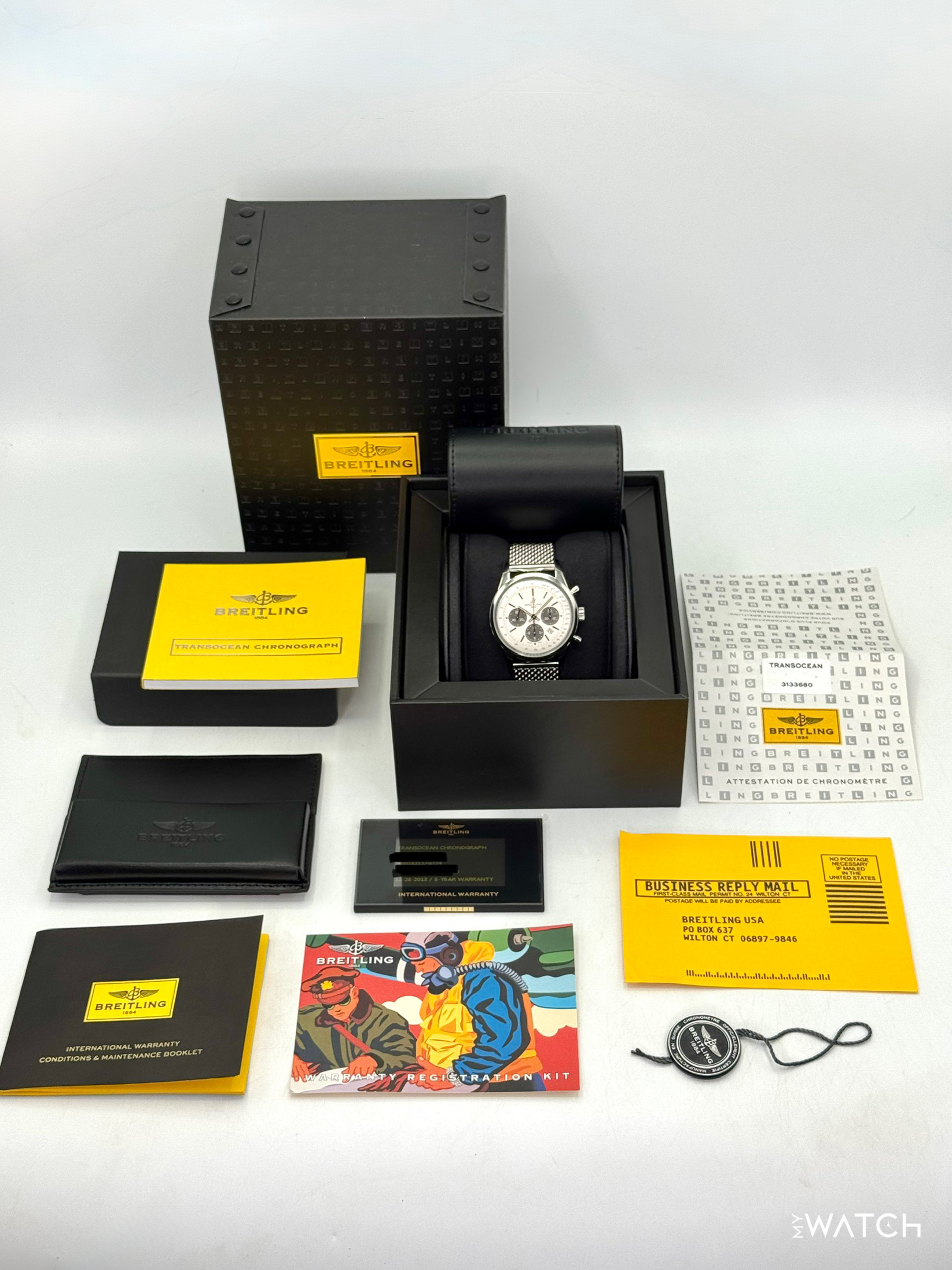 2013 Breitling Transocean Chronograph 43mm AB015212 Stainless Steel Silver Dial - MyWatchLLC