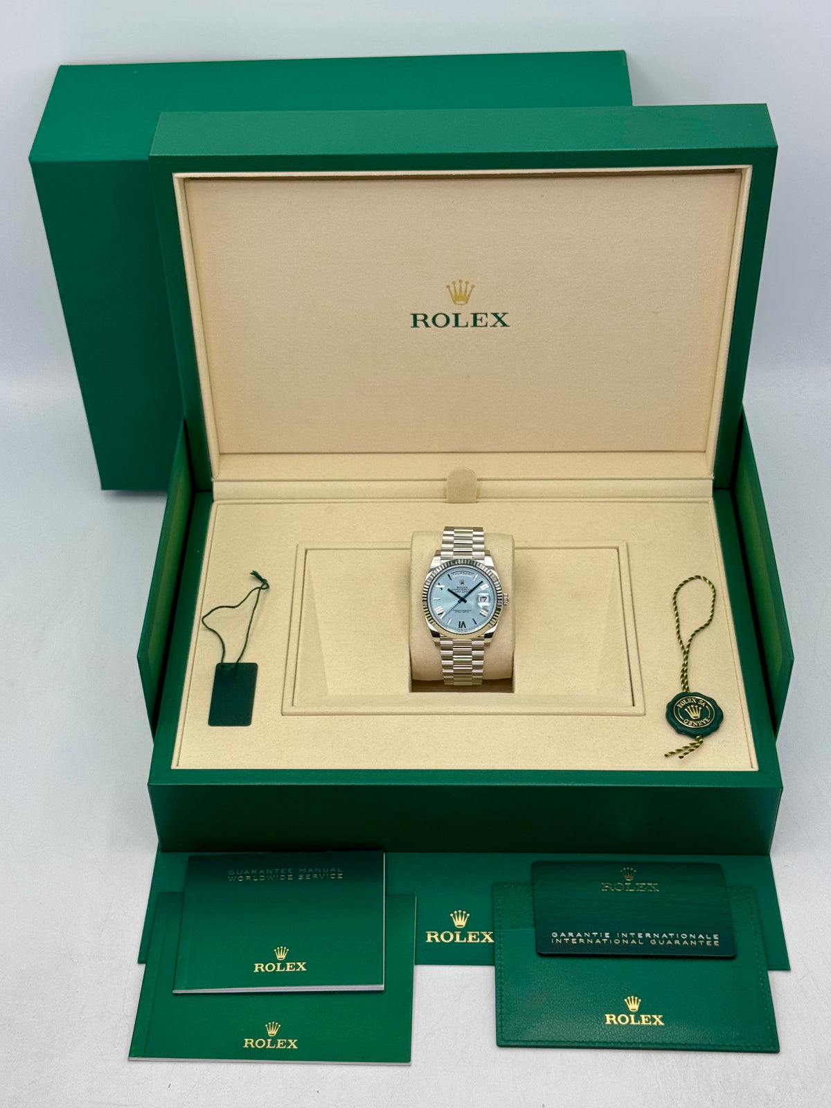 NEW 2026 Rolex Day-Date Platinum 40mm 228236 Ice Blue Roman Dial (NEW STYLE CARD)