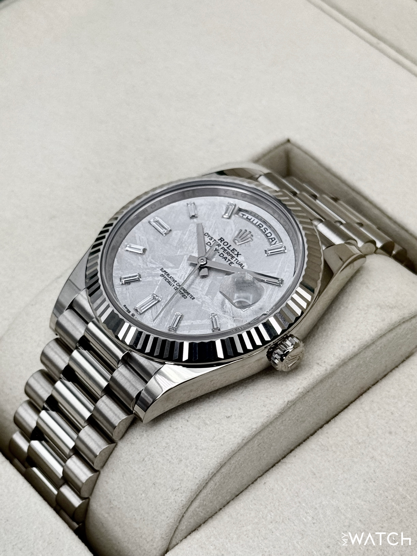 NEW 2026 Rolex Day-Date 40mm 228239 Presidential White Gold Meteorite Diamond Dial - MyWatchLLC
