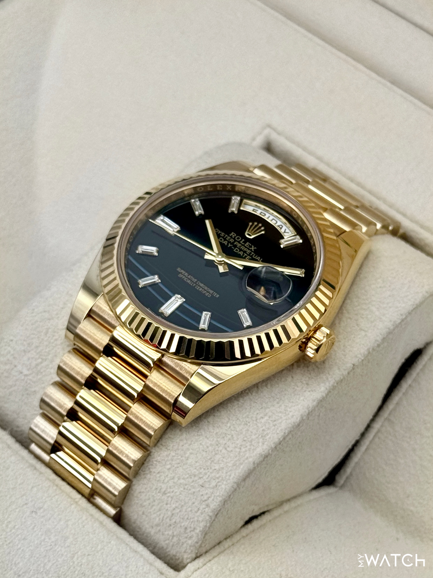2022 Rolex Day-Date 40mm 228238 Yellow Gold Black Onyx Diamond Dial