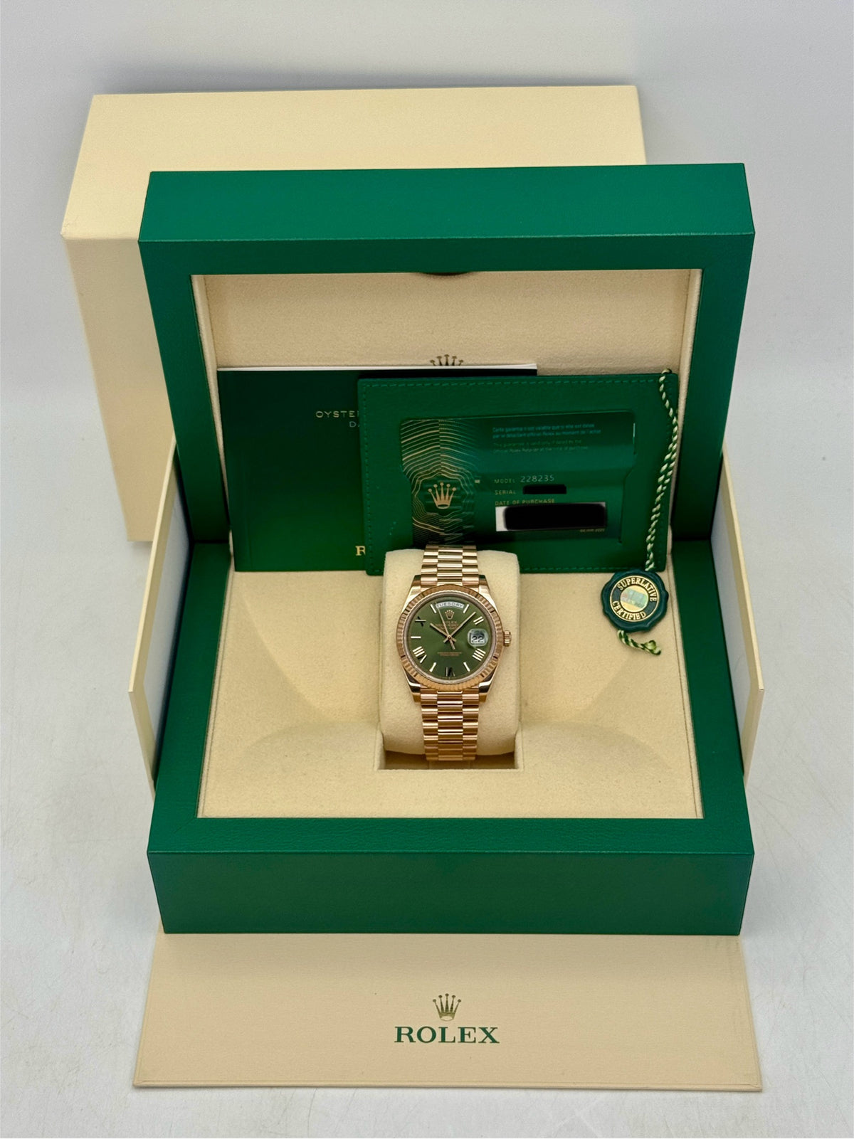 2021 Rolex Day-Date 40mm 228235 Presidential Rose Gold Olive Green Dial