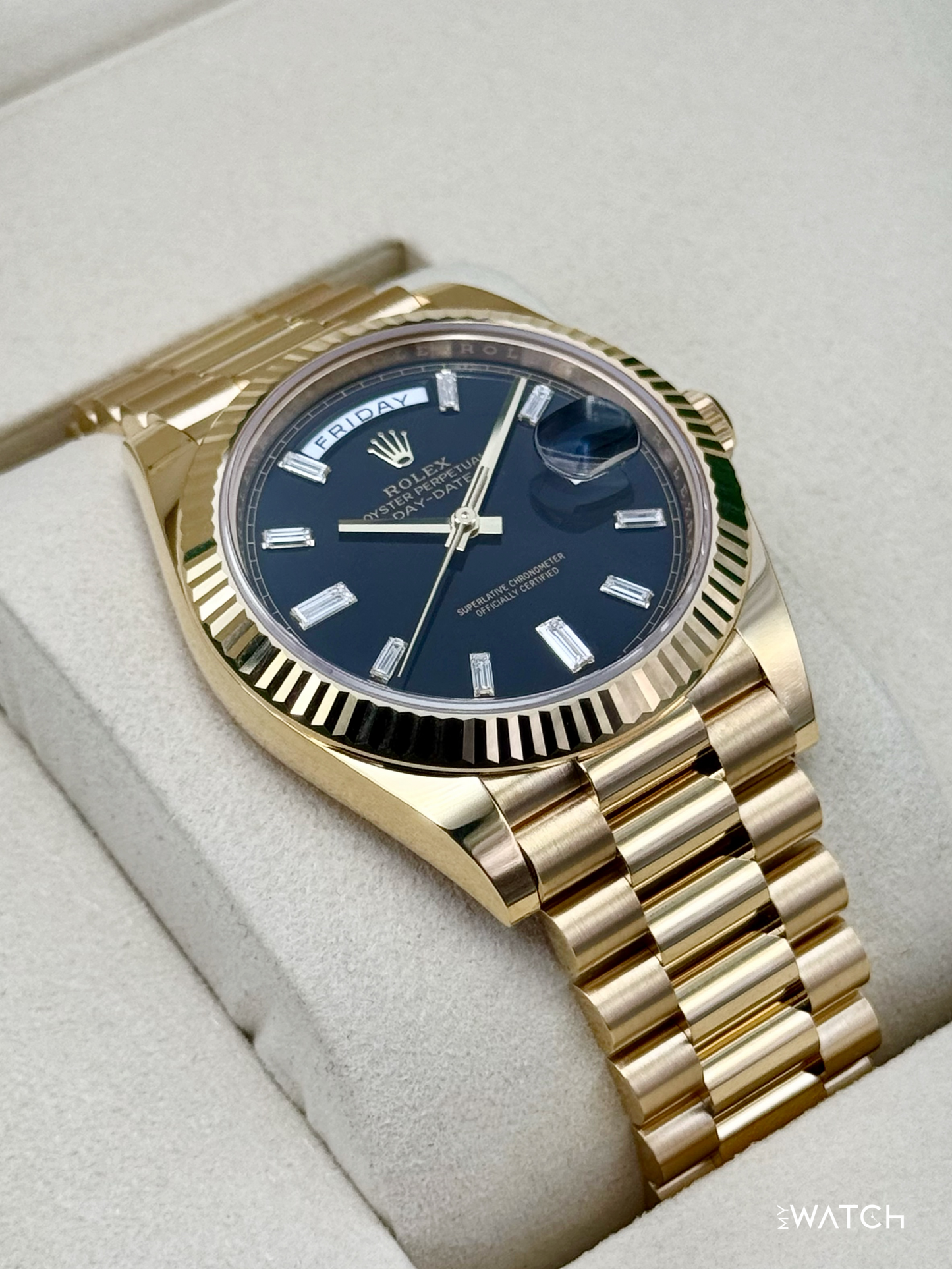 NEW 2026 Rolex Day-Date 40mm 228238 Yellow Gold Black Diamond Dial - MyWatchLLC