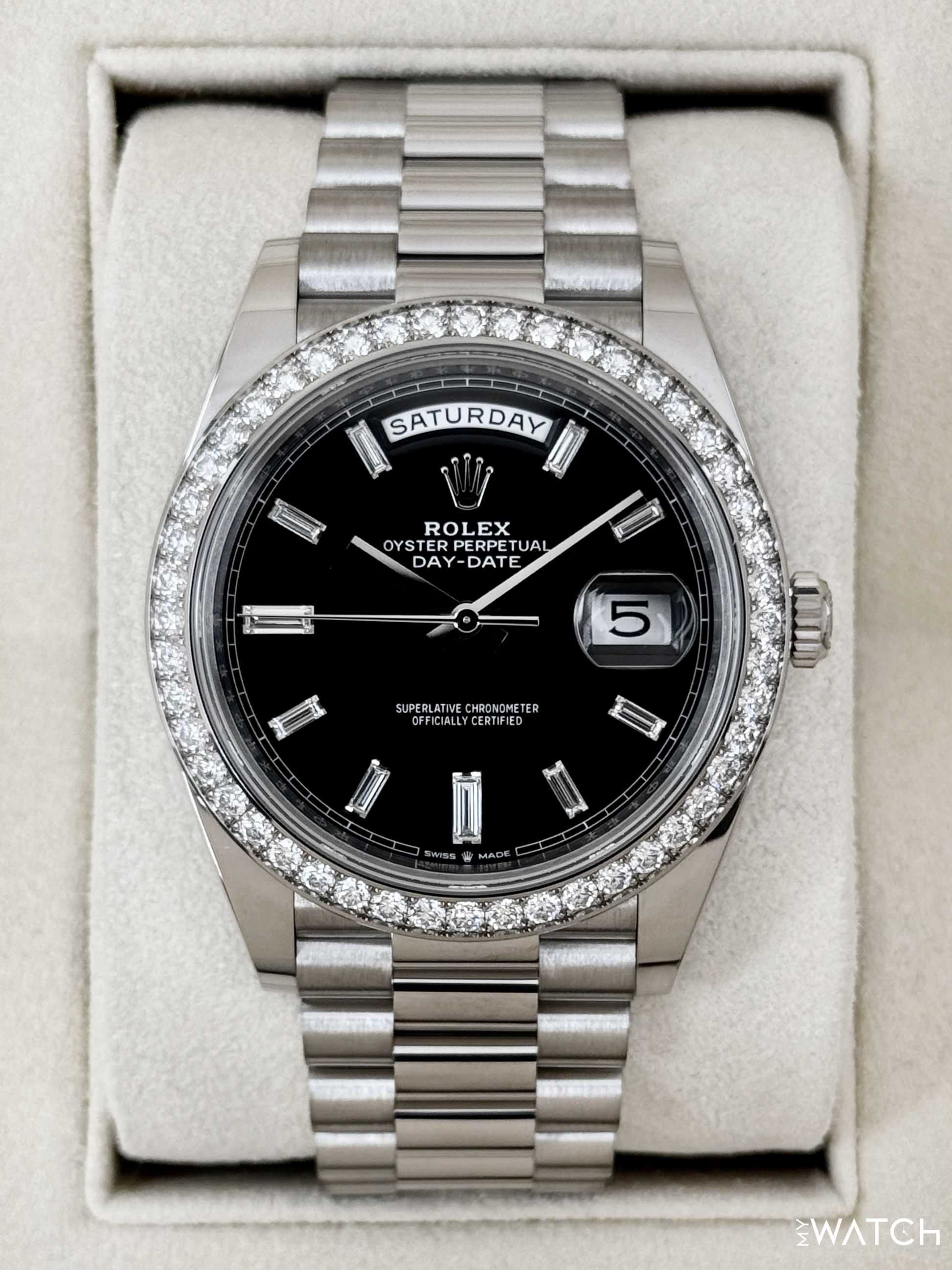 2023 Rolex Day-Date 40mm 228349RBR Presidential Black Diamond Baguette Dial - MyWatchLLC
