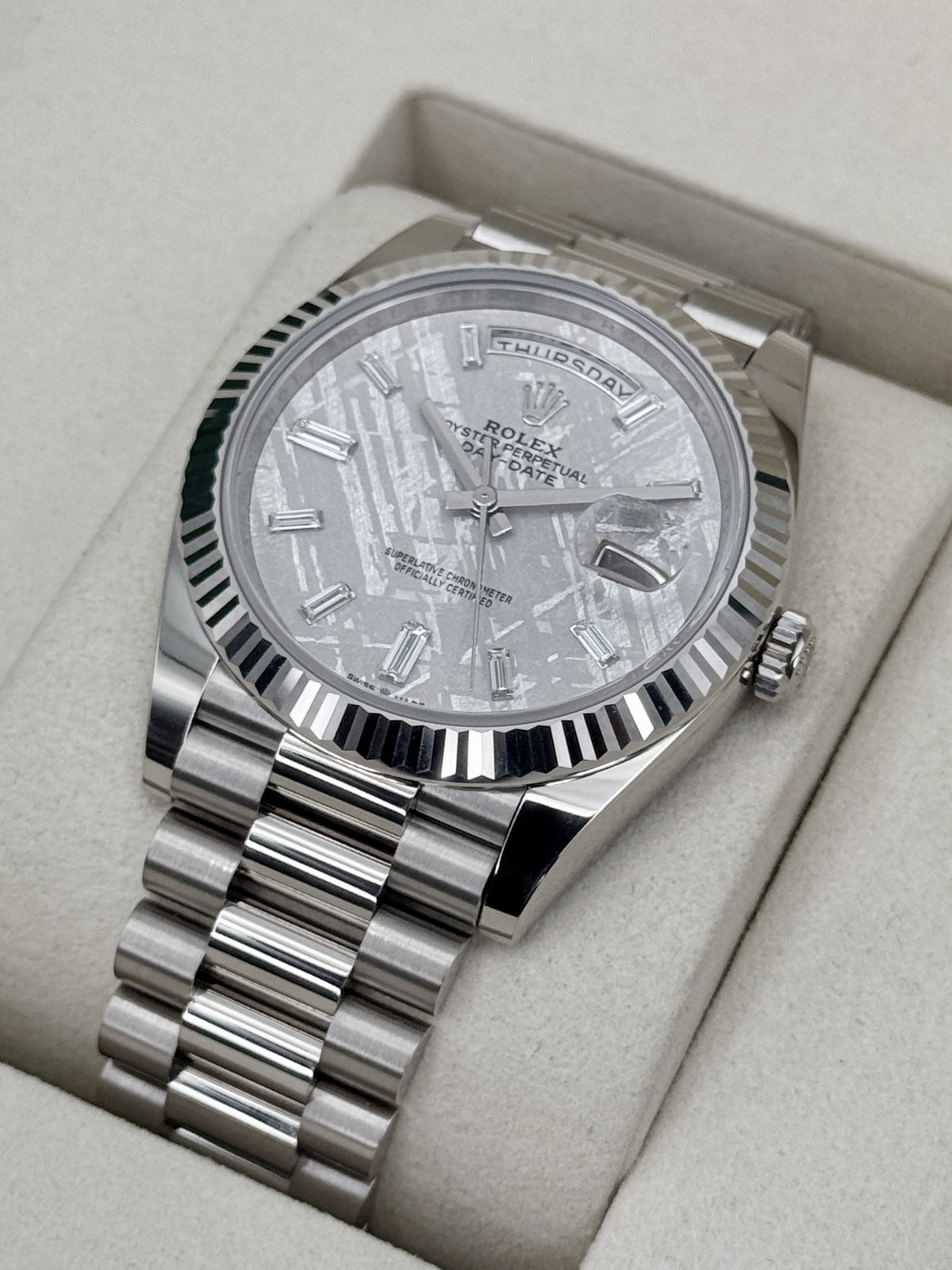NEW 2026 Rolex Day-Date 40mm 228239 White Gold Meteorite Diamond Dial (NEW STYLE CARD)