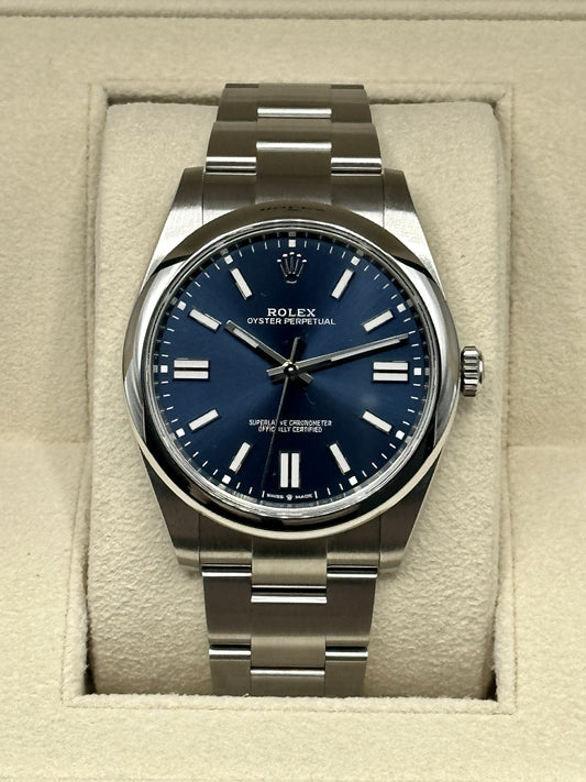 2022 Rolex Oyster Perpetual 41mm 124300 Stainless Steel Blue Stick Dial - MyWatchLLC