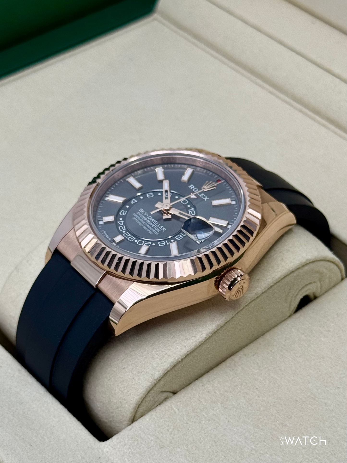 2025 Rolex Sky-Dweller 336235 Rose Gold Oysterflex Rhodium Dial - MyWatchLLC