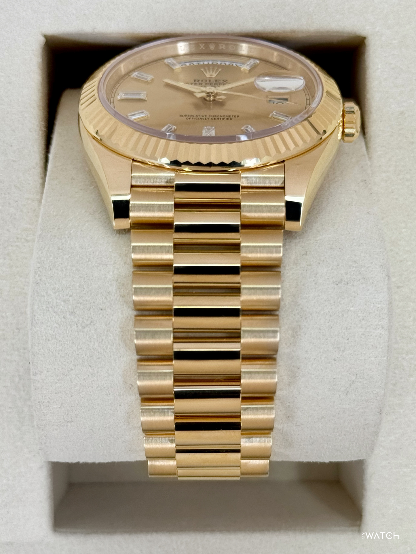 NEW 2026 Rolex Day-Date 40mm 228238 Champagne Diamond Baguette Dial - MyWatchLLC