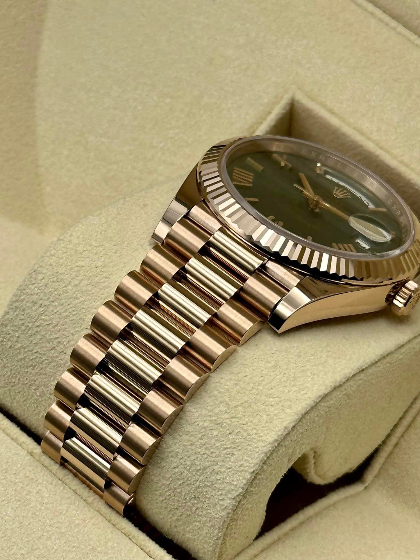 NEW 2022 Rolex Day-Date 40 228238 Rose Gold Olive Dial Arabic Calendar - MyWatchLLC