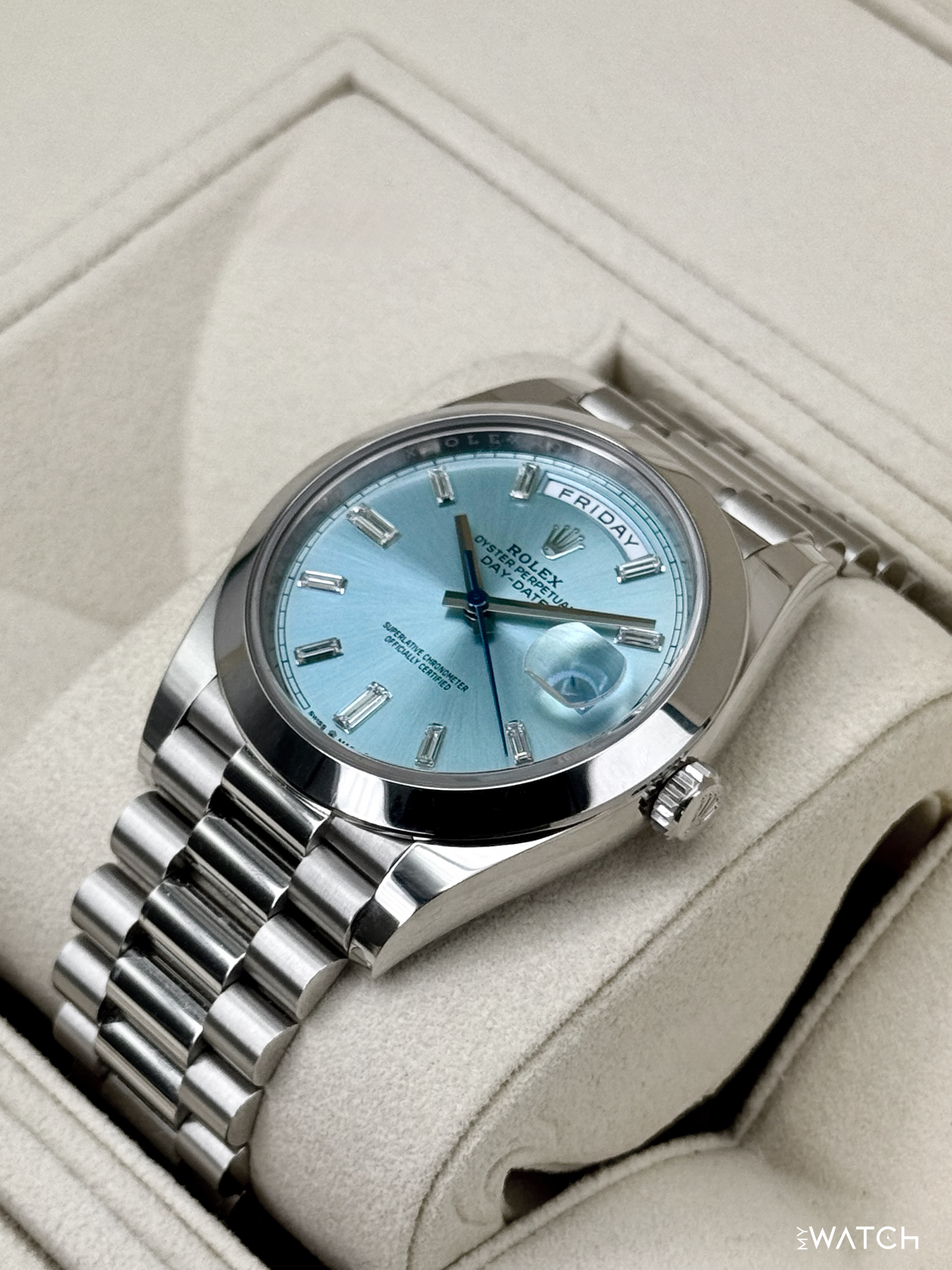 2021 Rolex Day-Date 40mm 228206 Platinum Ice Blue Diamond Dial - MyWatchLLC